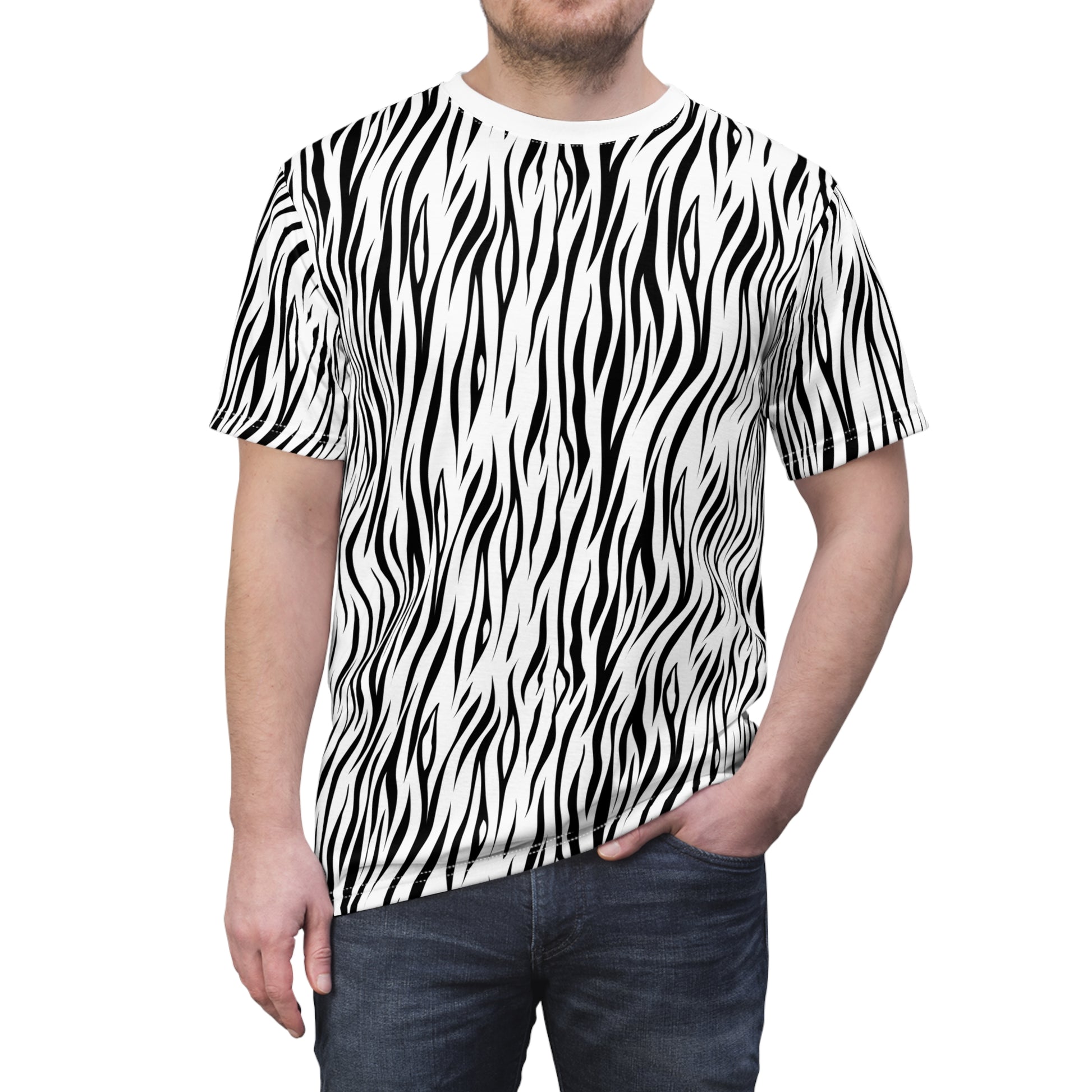 A man wearing a short-sleeve crewneck t-shirt with a bold black and white zebra print pattern, paired with dark blue jeans, shown against a plain white background. Elegant Monochrome Zebra Print T-Shirt for Casual Wear