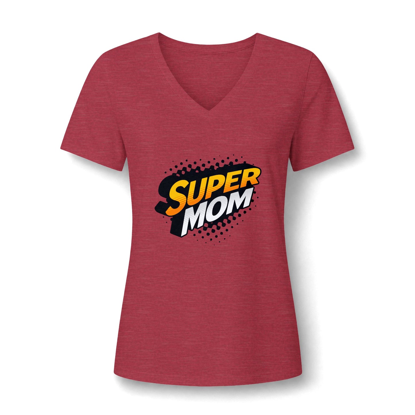 A women's heather red V-neck t-shirt featuring a 'Super Mom' comic-style graphic on the chest, displayed against a clean white background.