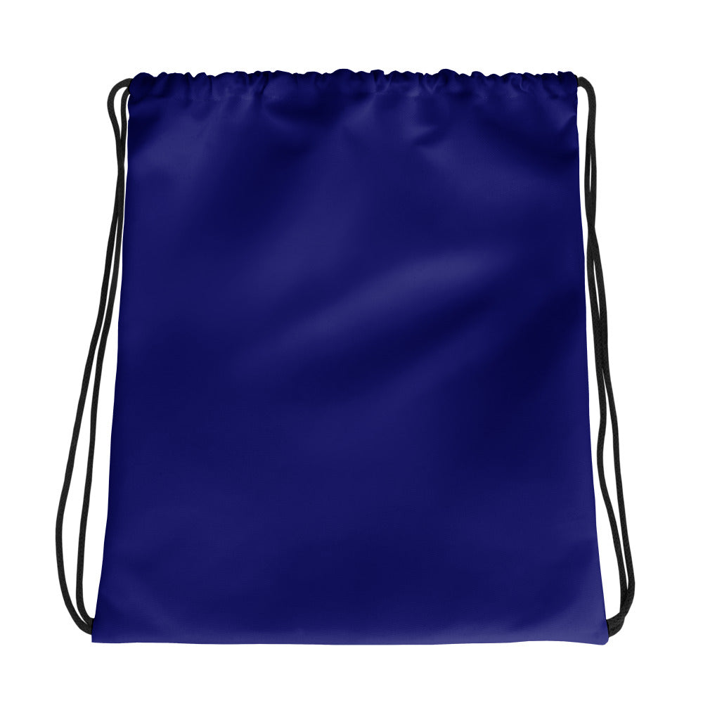 A plain blue drawstring backpack or gym sack with black cords, shown against a solid white background. Essential Bold Compact Minimalist Solid Midnight Blue Drawstring Bag