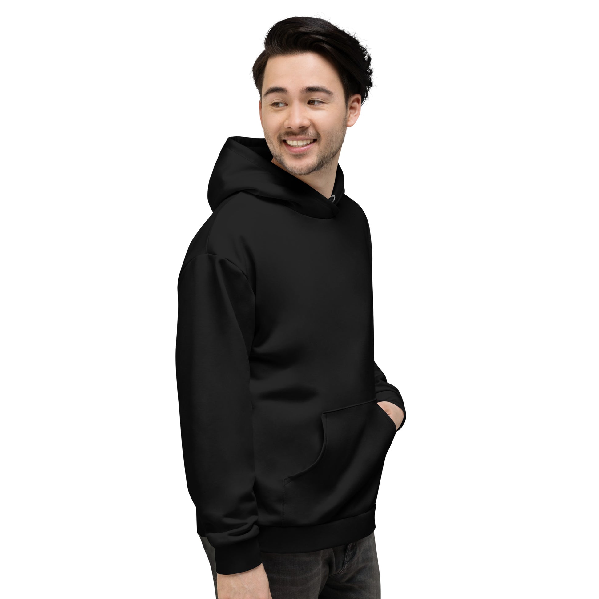 Person wearing a black hoodie with green designs on a white background Essential Bold Minimalist Solid Plain Dark Black Hoodie for Casual Wear