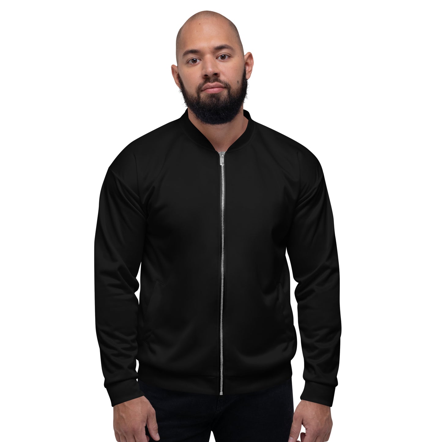 Man wearing a black bomber jacket on a white background Essential Minimalist Solid Black Unisex Bomber Jacket