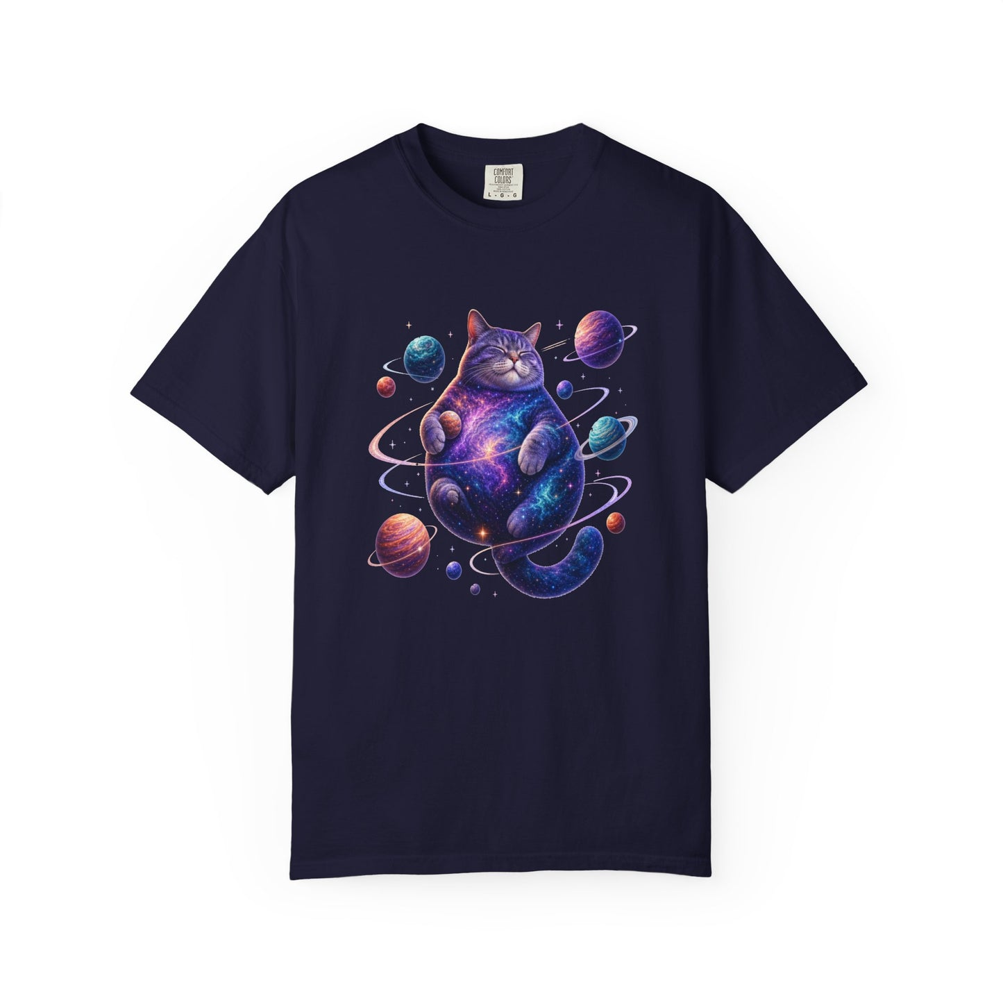 A navy blue short-sleeve crewneck t-shirt featuring a colorful graphic of a cosmic cat surrounded by planets and stars, displayed on a clean white background. Eye-Catching Celestial Feline: Space-Themed Cat T-Shirt for Casual Wear