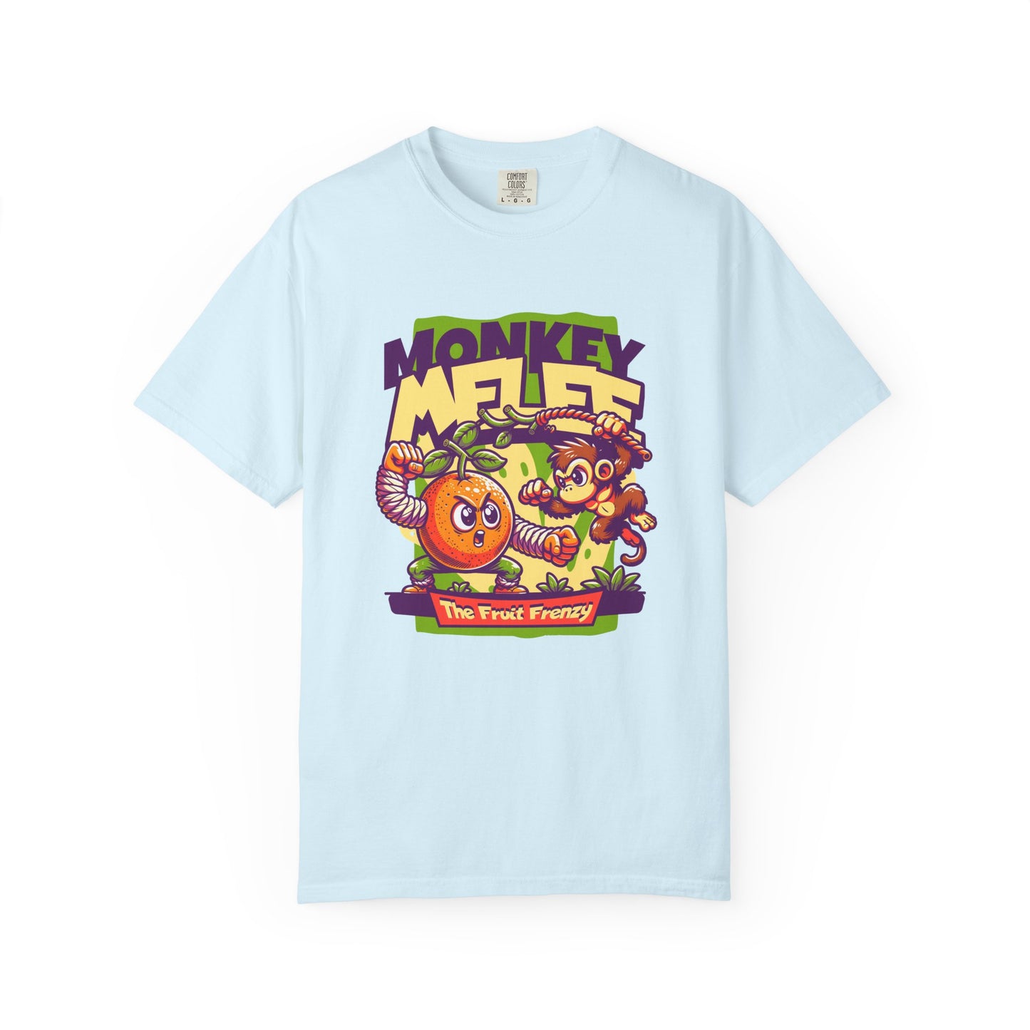 A light blue short-sleeve t-shirt with a colorful cartoon graphic on the front featuring the text 'MONKEY MELEE' and 'The Fruit Fantasy'. Eye-Catching Monkey Melee T-Shirt Design