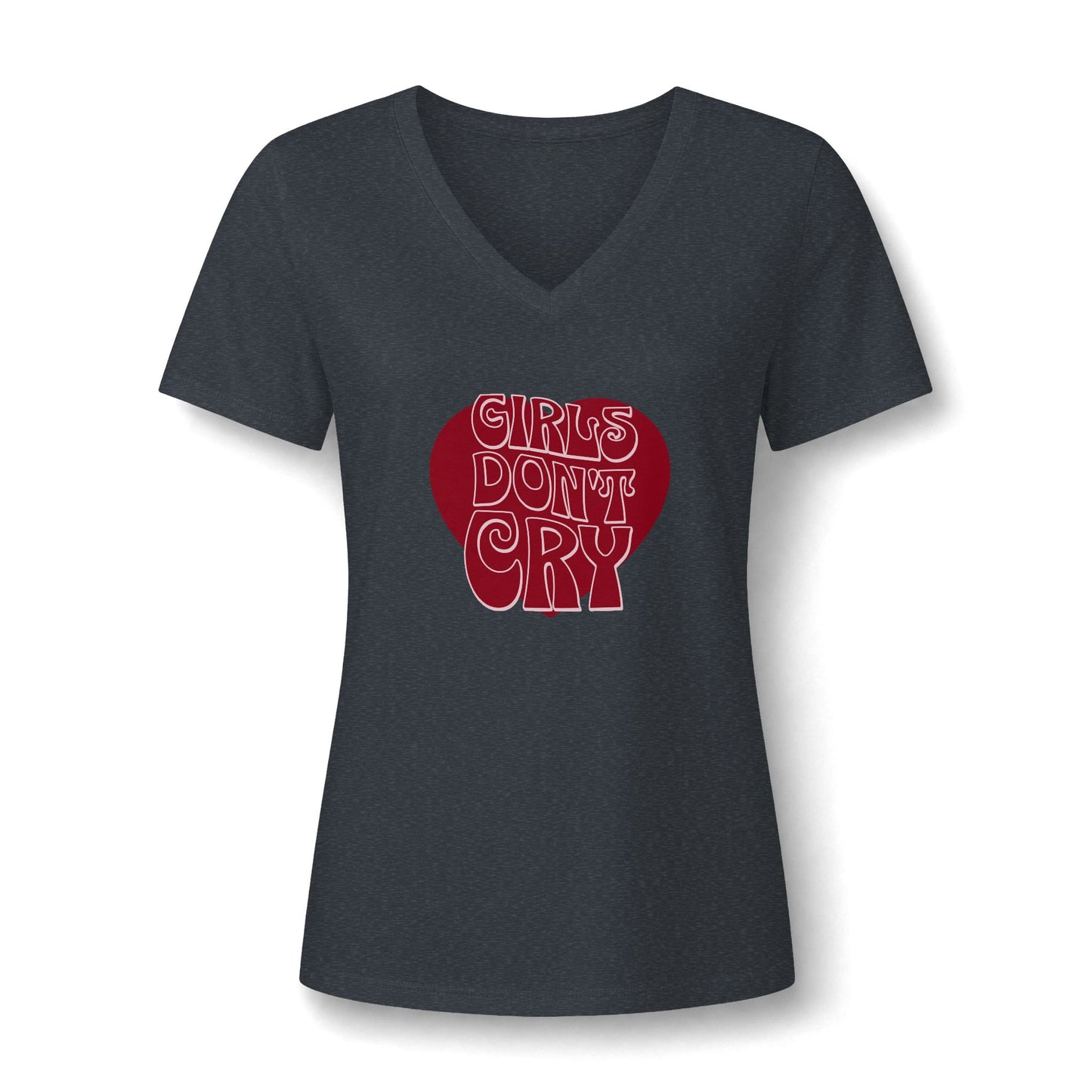 A women's short-sleeve V-neck t-shirt in dark heather gray, featuring a red graphic on the chest with the text 'GIRLS DON'T CRY' in white bubble letters.