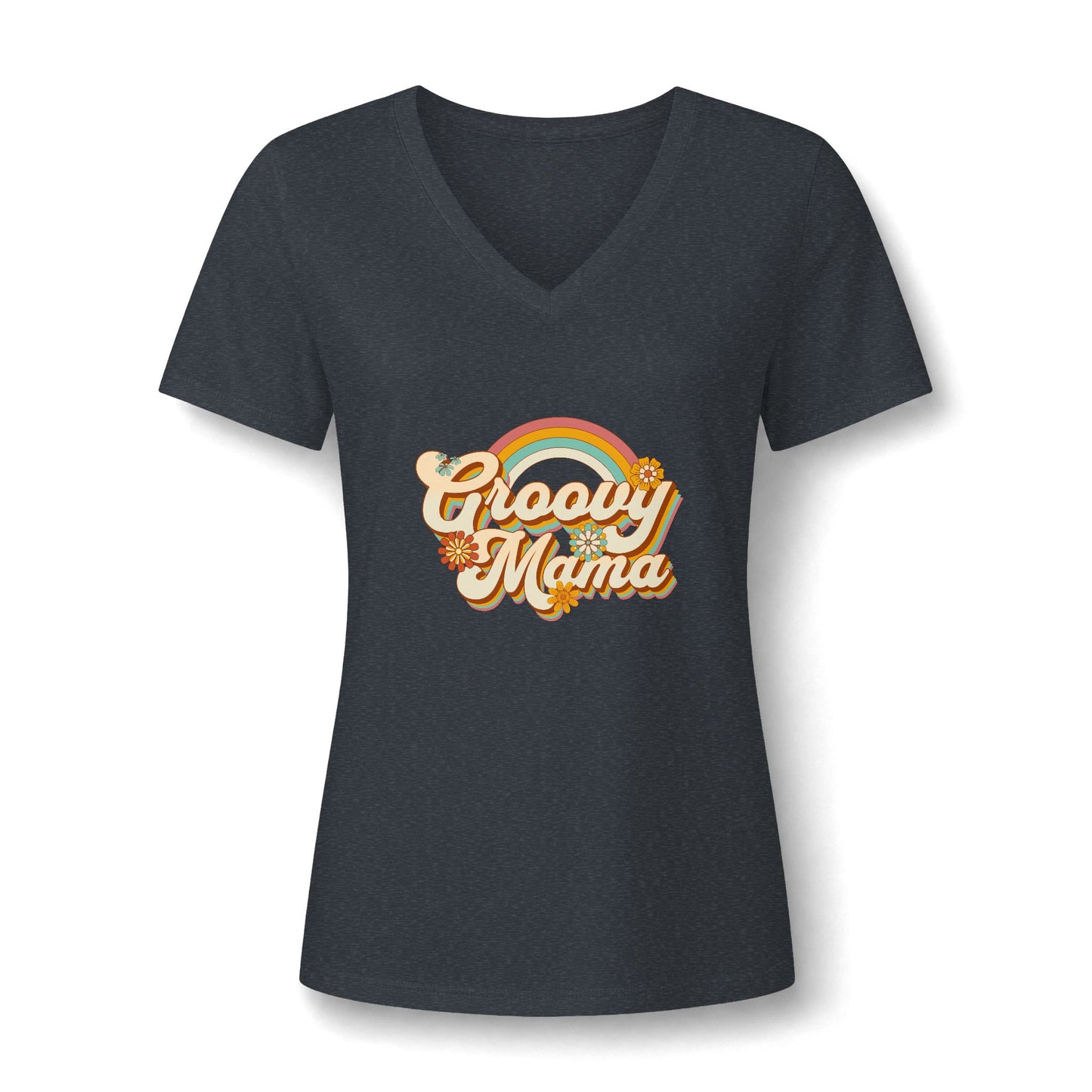 A women's short-sleeve V-neck t-shirt in dark heather gray, featuring a retro-style 'Groovy Mama' graphic with a rainbow and floral details on the chest, displayed against a clean white background.