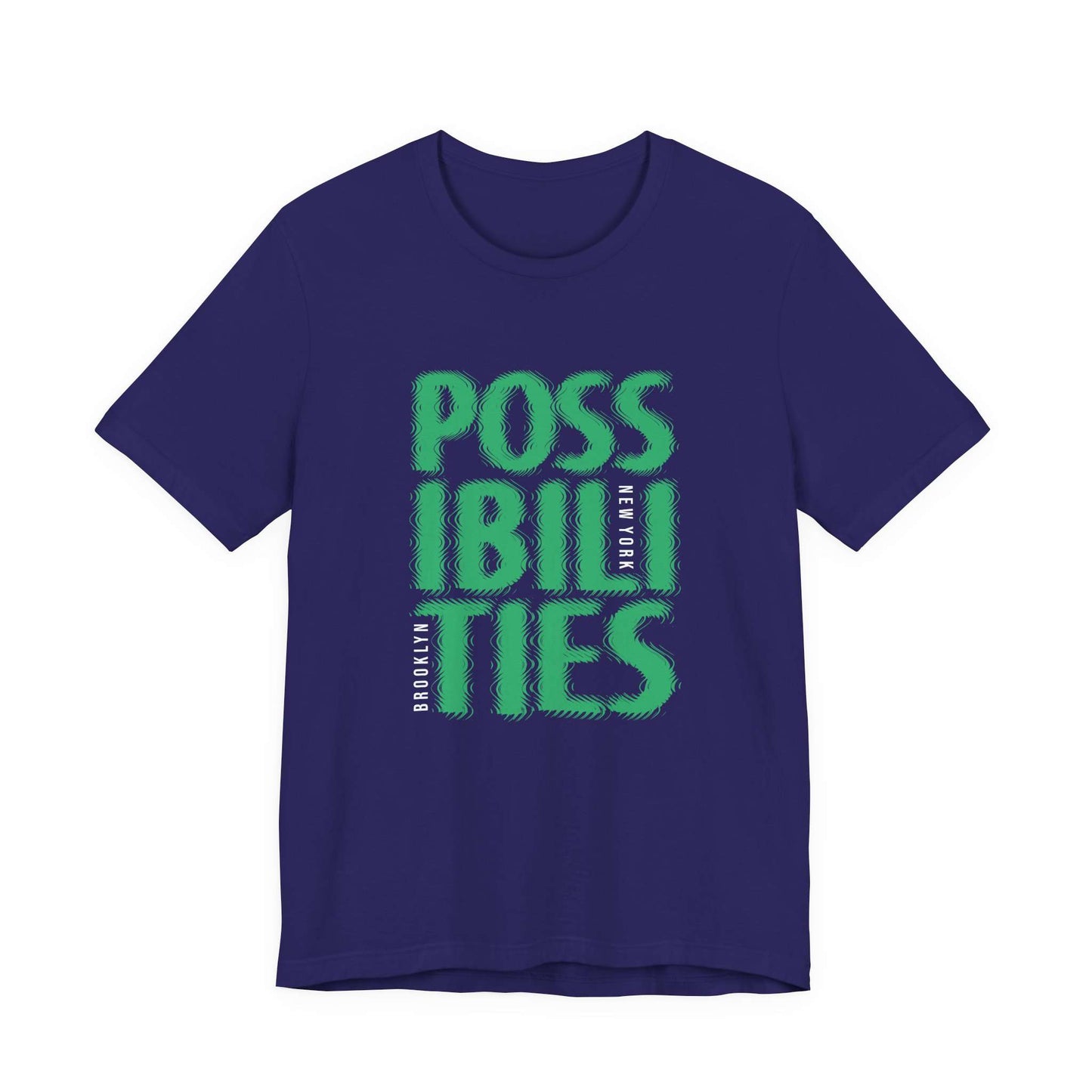 A dark purple short-sleeve t-shirt with a bold green graphic on the front reading 'POSSIBILITIES' with 'NEW ORLEANS' printed vertically in white. Fashionable Bold Possibilities New York City Brooklyn T-Shirt Casual Wear