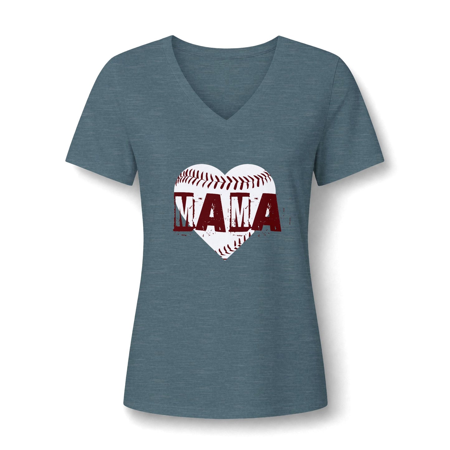 A women's heathered slate blue V-neck t-shirt featuring a baseball-heart graphic with the word 'MAMA' in distressed dark red letters, displayed on a clean white background.