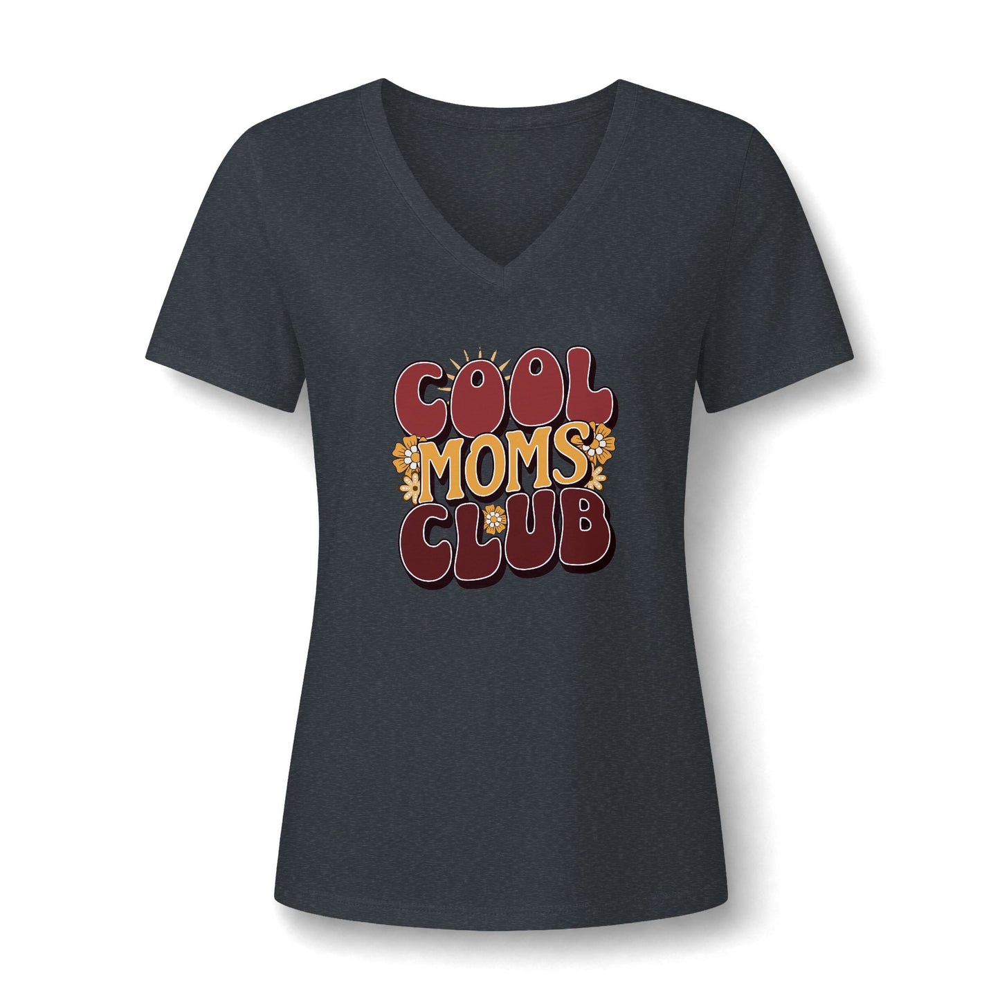 A women's short-sleeve V-neck t-shirt in dark heather gray, featuring a retro-style graphic on the chest that reads 'COOL MOMS CLUB' in red and yellow bubble letters with small floral details.