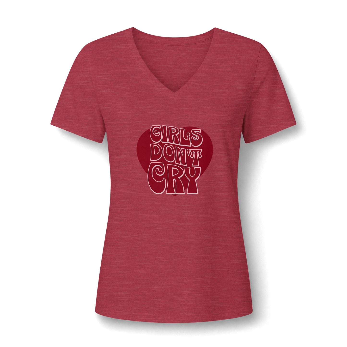 A women's short-sleeve V-neck t-shirt in heathered red, featuring a retro-style graphic on the chest with the text 'GIRLS DON'T CRY' in white outline lettering over a darker red heart shape.