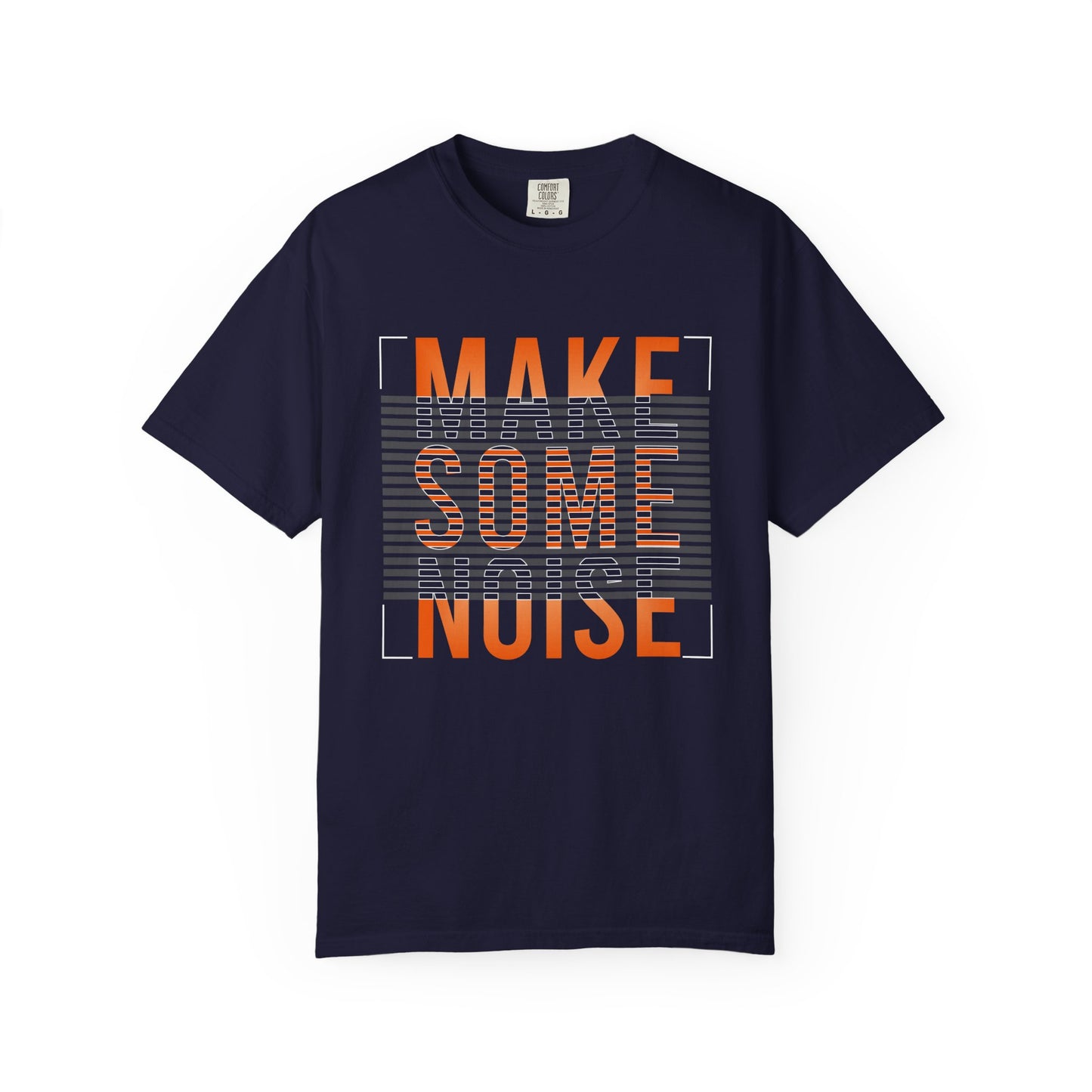 A navy blue short-sleeve t-shirt with a graphic print on the front reading 'MAKE SOME NOISE' in orange and gray block letters, displayed on a clean white background. Fashionable Make Some Noise Slogan Typography Graphic T-Shirt Casual Wear