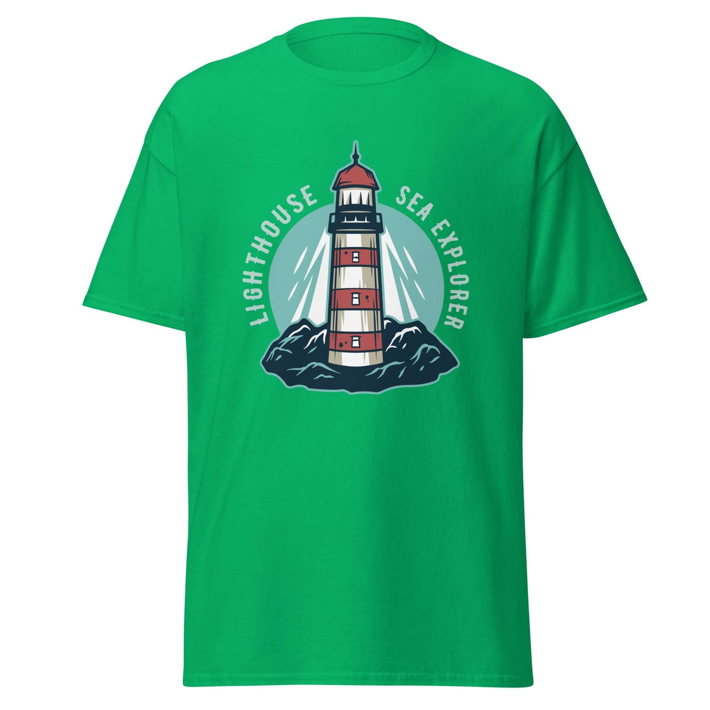 A bright green short-sleeve crewneck t-shirt featuring a graphic of a red and white striped lighthouse on dark blue rocks, with the words 'LIGHTHOUSE SEA EXPLORER' arched above it, shown on a plain white background. Fashionable Marine Lighthouse at Mountain Nautical Sea T-Shirt Casual Wear