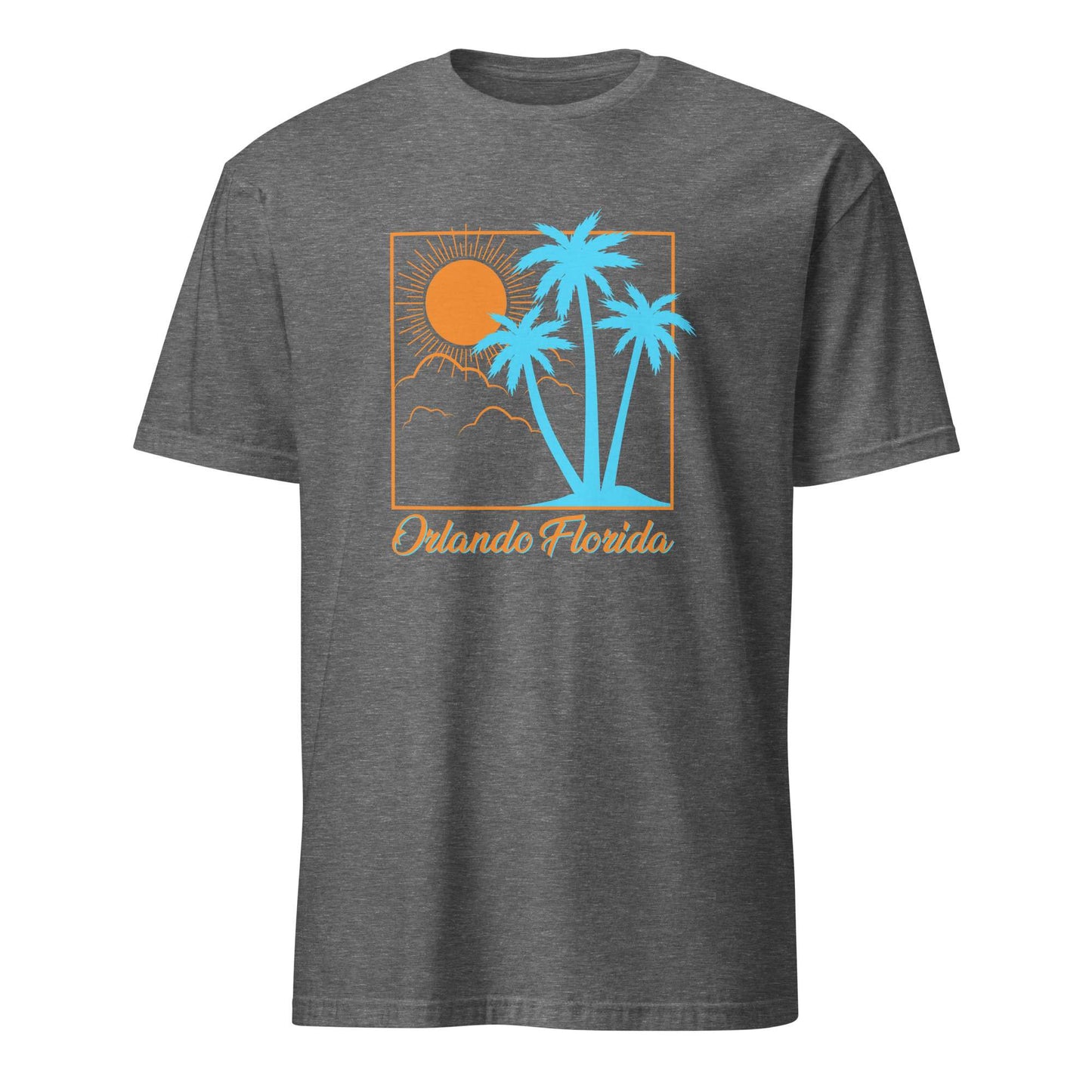 A heather dark gray short-sleeve t-shirt with a retro-style graphic of a sunset, palm trees, and the text 'Orlando Florida' printed on the chest. Fashionable Orlando Florida Summer Sun Beach Graphic T-Shirt Casual Wear
