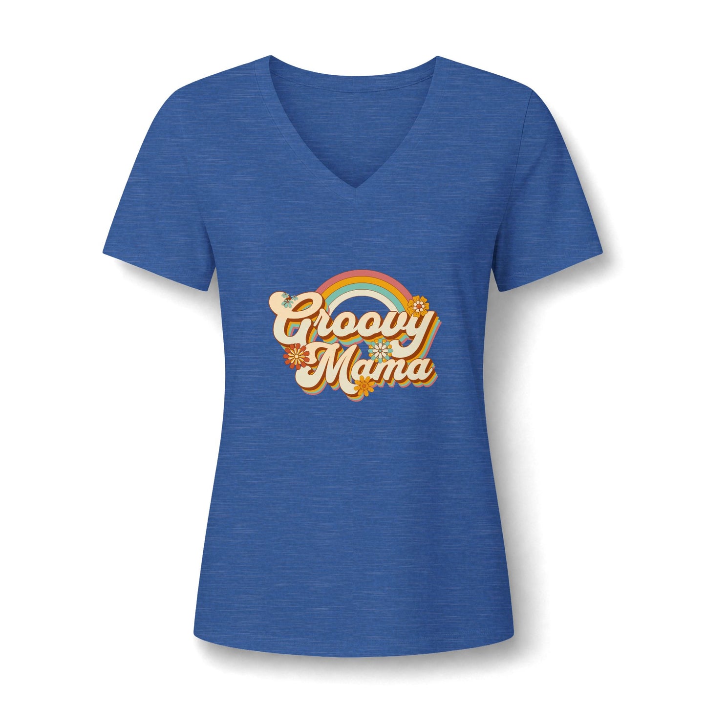 A heather blue V-neck t-shirt featuring a retro-style 'Groovy Mama' graphic with a rainbow and flowers on the chest, displayed on a clean white background.
