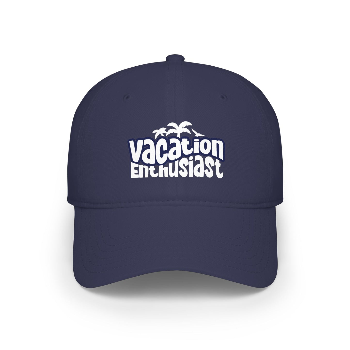 A navy blue baseball cap with a white embroidered graphic on the front that reads 'Vacation Enthusiast' with small palm tree silhouettes above, shown on a clean white background. Fashionable Vacation Enthusiast Bold Typography Baseball Cap for Casual Wear