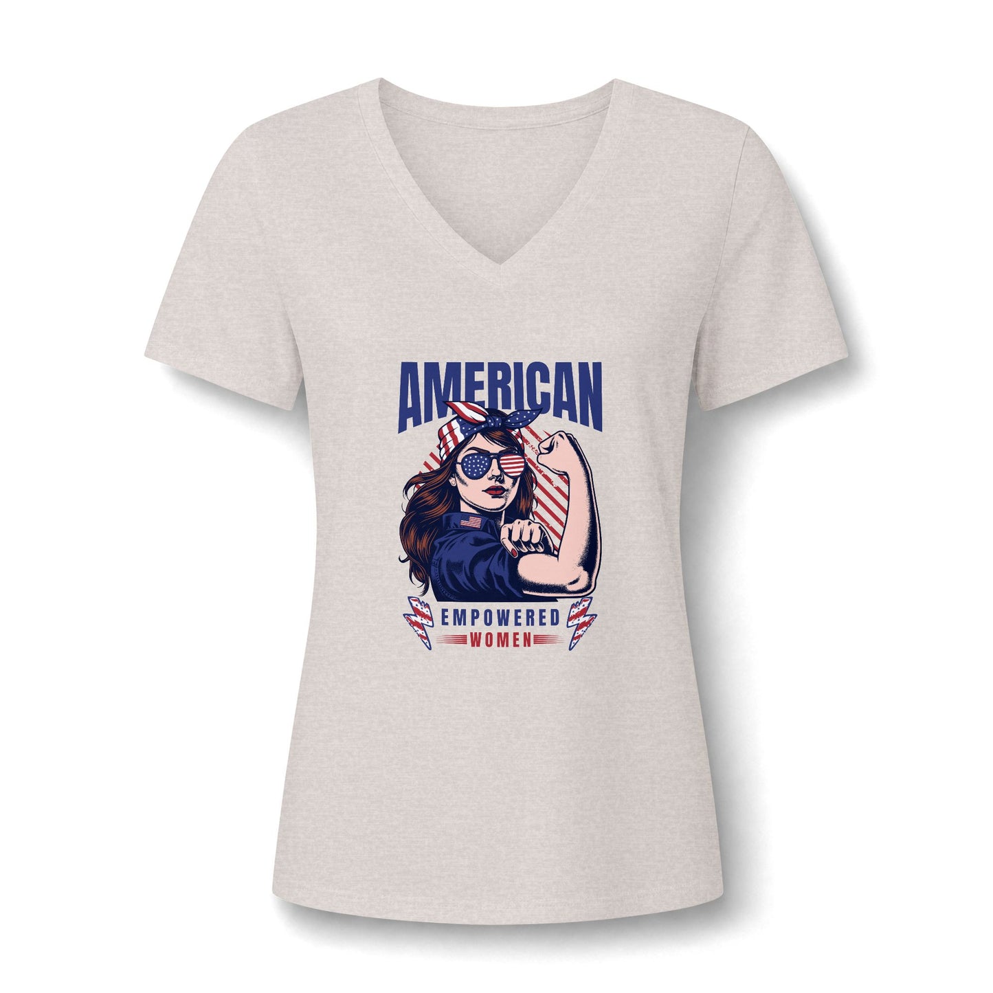 A women's V-neck short-sleeve t-shirt in a light heather gray or off-white color, featuring a 'Rise Up' style graphic of a woman with sunglasses and the text 'AMERICAN EMPOWERED WOMEN' in blue, red, and white.