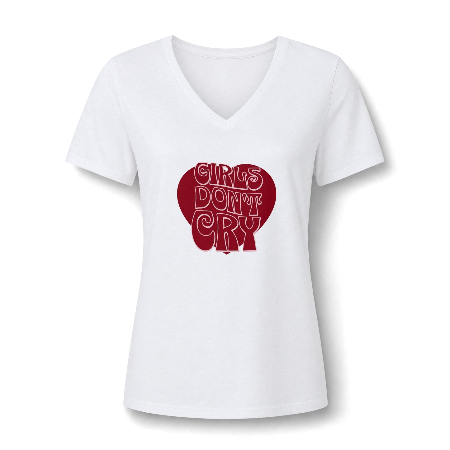 A white women's V-neck short-sleeve t-shirt with a red graphic on the chest that reads 'GIRLS DON'T CRY' inside a red heart shape, shown on a plain white background.