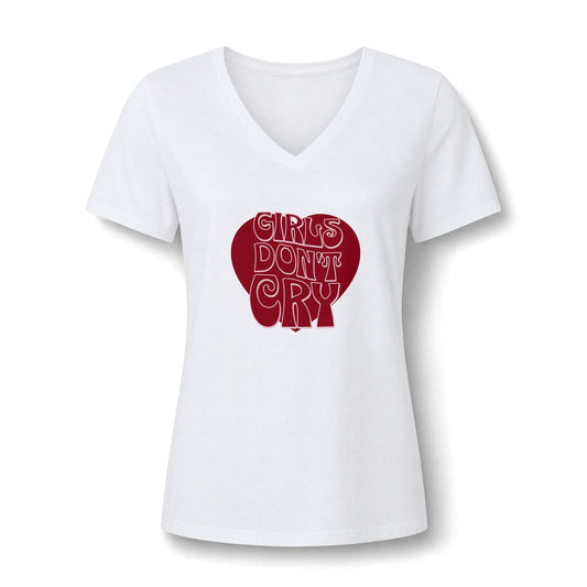A white women's V-neck short-sleeve t-shirt with a red graphic on the chest that reads 'GIRLS DON'T CRY' inside a red heart shape, shown on a plain white background.
