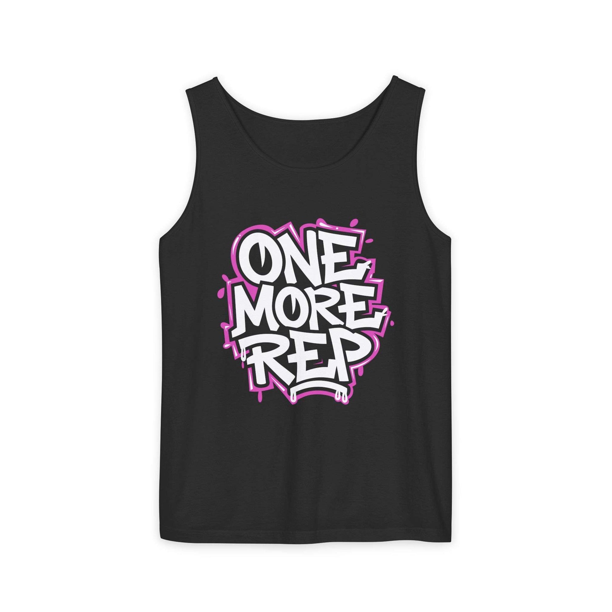 A black sleeveless tank top with a colorful graphic on the chest reading 'ONE MORE REP' in white and pink graffiti-style lettering, shown on a plain white background. Fitness Motivational Graffiti Typography Tank Top
