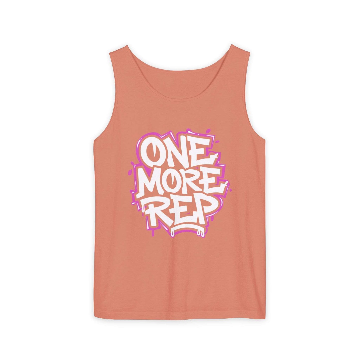 A sleeveless tank top in a muted peach-pink color, featuring a bold graphic on the chest that reads 'ONE MORE REP' in white bubble letters with a pink outline, displayed against a solid white background. Fitness Motivational Graffiti Typography Tank Top Casual Wear