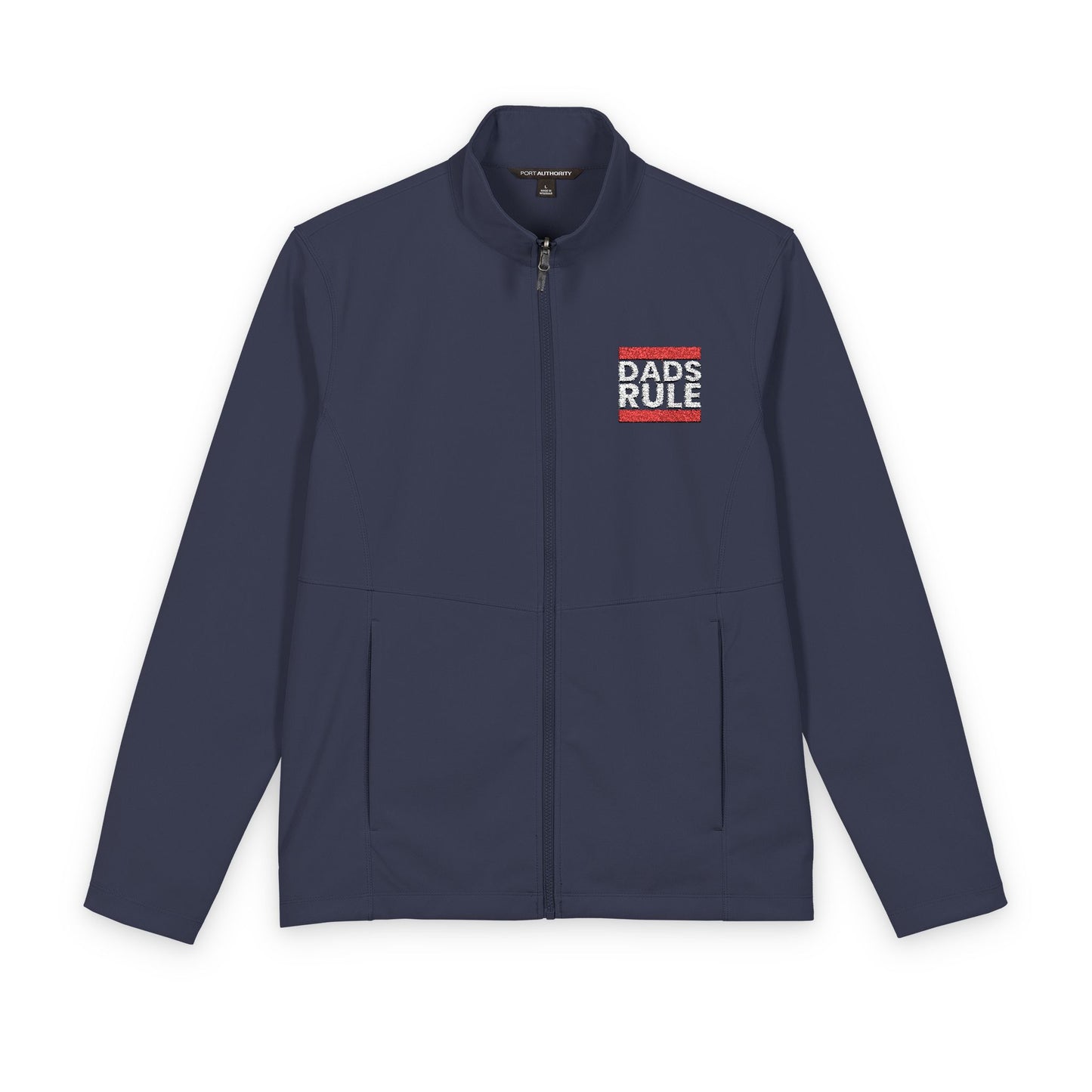 A navy blue zip-up jacket with a stand-up collar, featuring a small chest graphic that reads 'DADS RULE' in white and red. The jacket is displayed flat against a solid white background.