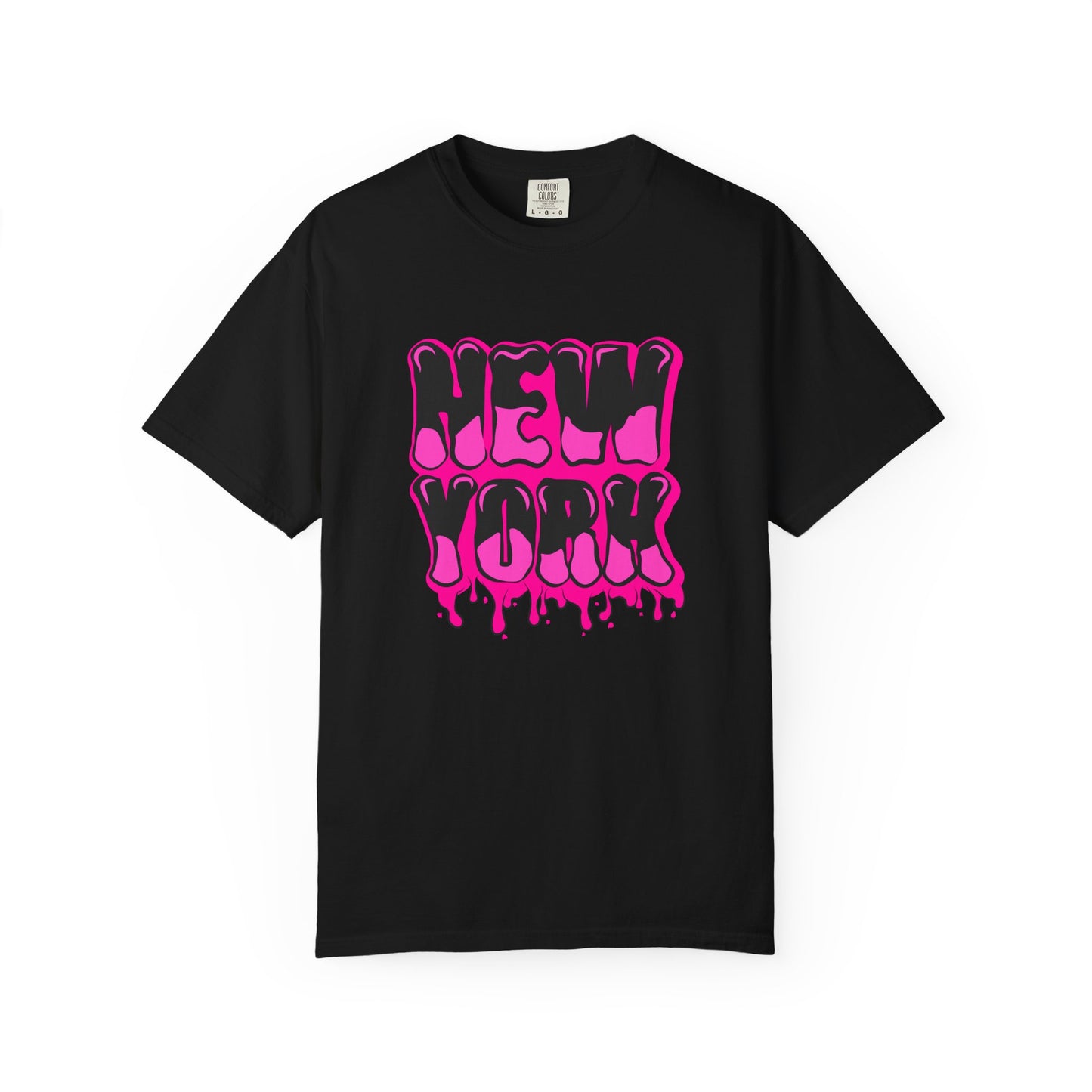 A black short-sleeve crewneck t-shirt featuring a vibrant pink 'NEW YORK' graphic printed on the chest in a dripping, graffiti-style font, displayed against a solid white background. Funny Bold Graffiti Lettering New York Typography T-Shirt for Casual Wear