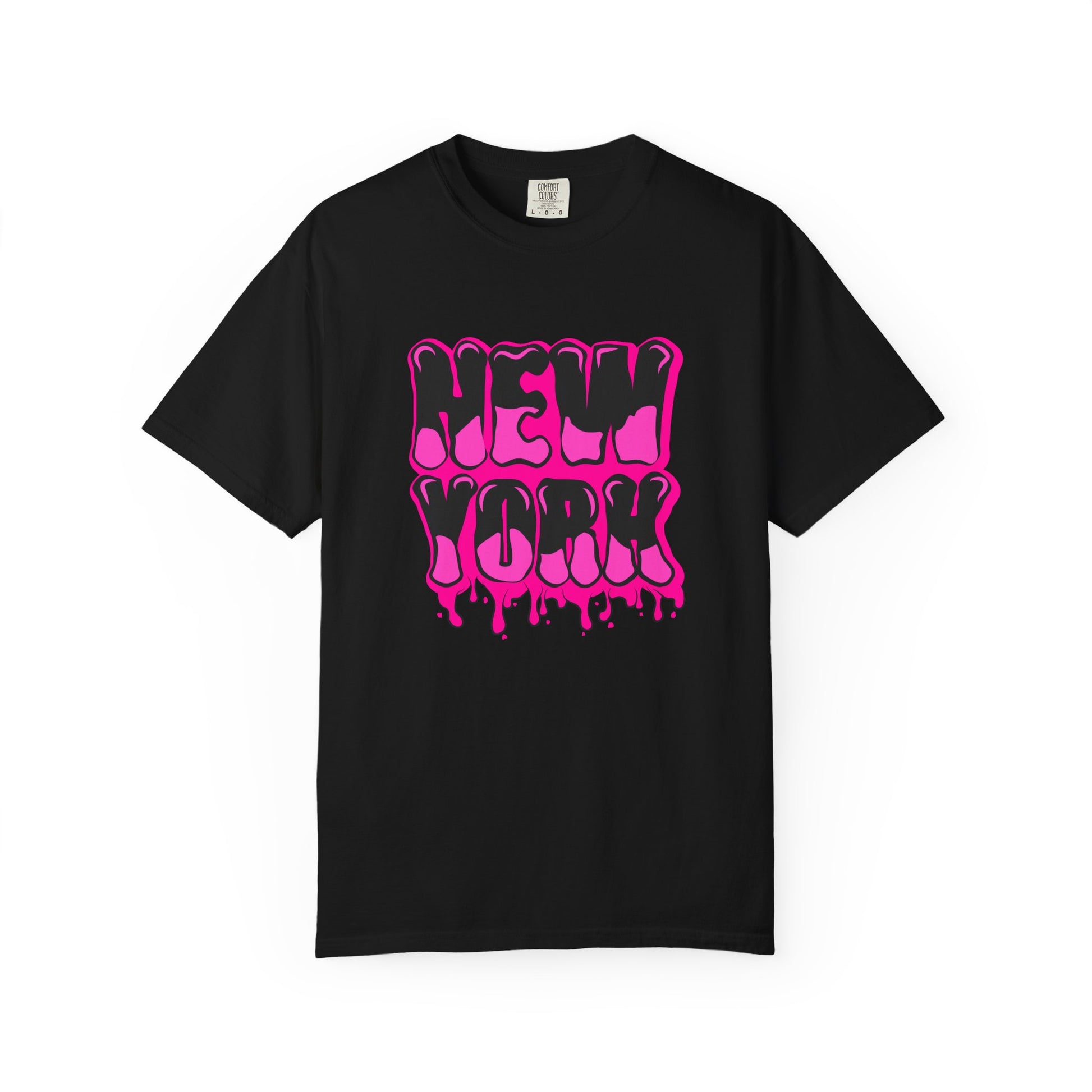 A black short-sleeve crewneck t-shirt featuring a vibrant pink 'NEW YORK' graphic printed on the chest in a dripping, graffiti-style font, displayed against a solid white background. Funny Bold Graffiti Lettering New York Typography T-Shirt for Casual Wear