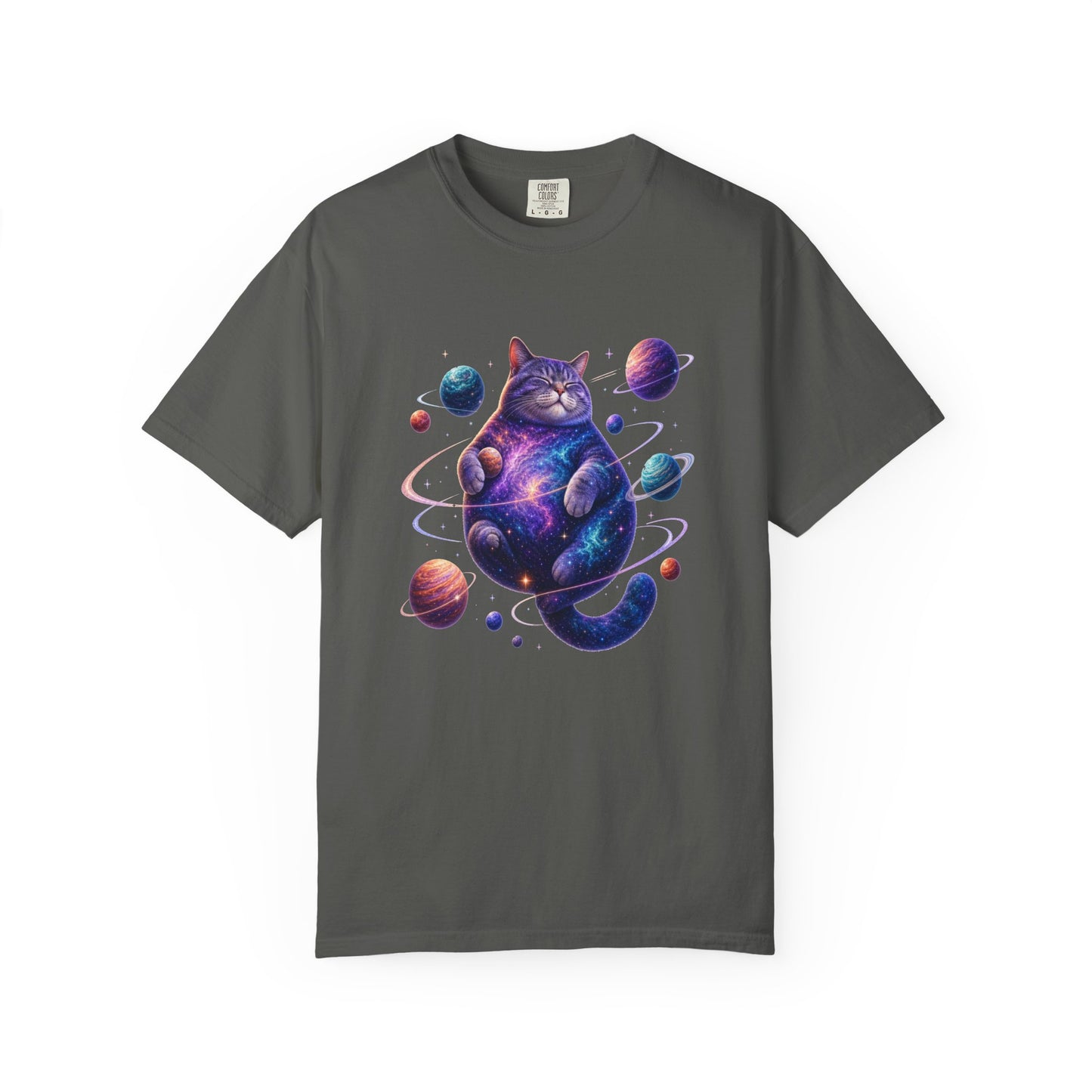 A dark gray crewneck t-shirt featuring a colorful graphic of a cosmic, galaxy-patterned cat surrounded by planets, displayed on a clean white background. Funny Celestial Feline: Space-Themed Cat T-Shirt for Casual Wear