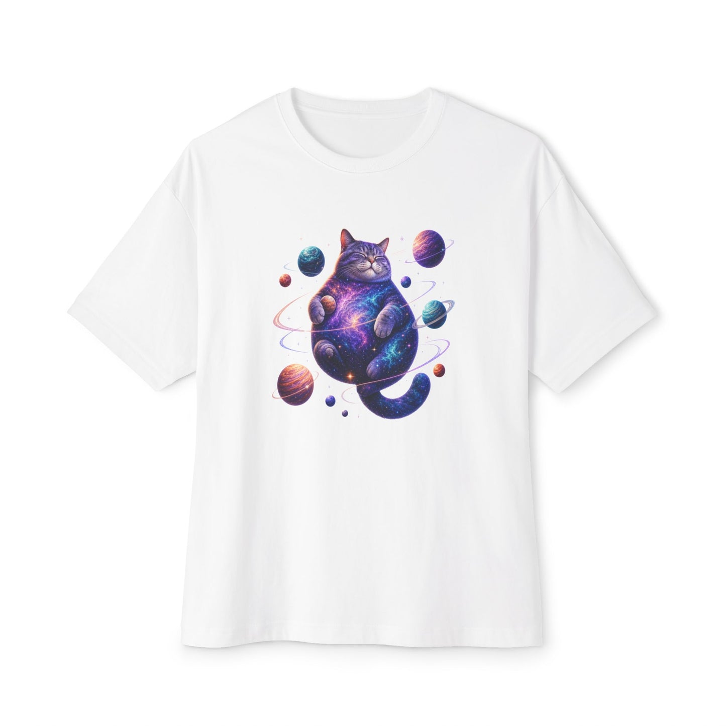 A white short-sleeve crewneck t-shirt featuring a colorful graphic print of a cosmic purple cat surrounded by planets, displayed on a clean white background. Funny Cosmic Cat Unisex Oversized Boxy T-Shirt Casual Wear