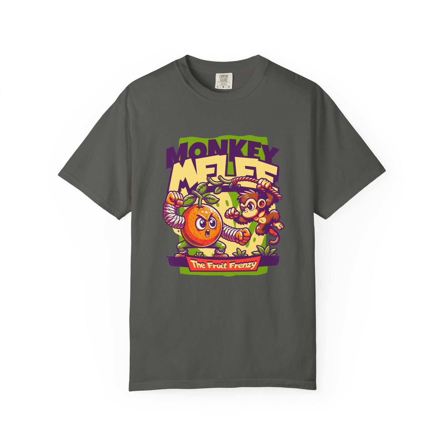 A dark gray crewneck t-shirt featuring a colorful graphic print on the front with the text 'MONKEY MELEE' and cartoon illustrations of a monkey, a candy corn, and a banana. Funny Monkey Melee The Fruit Frenzy Graphic T-Shirt for Casual Wear