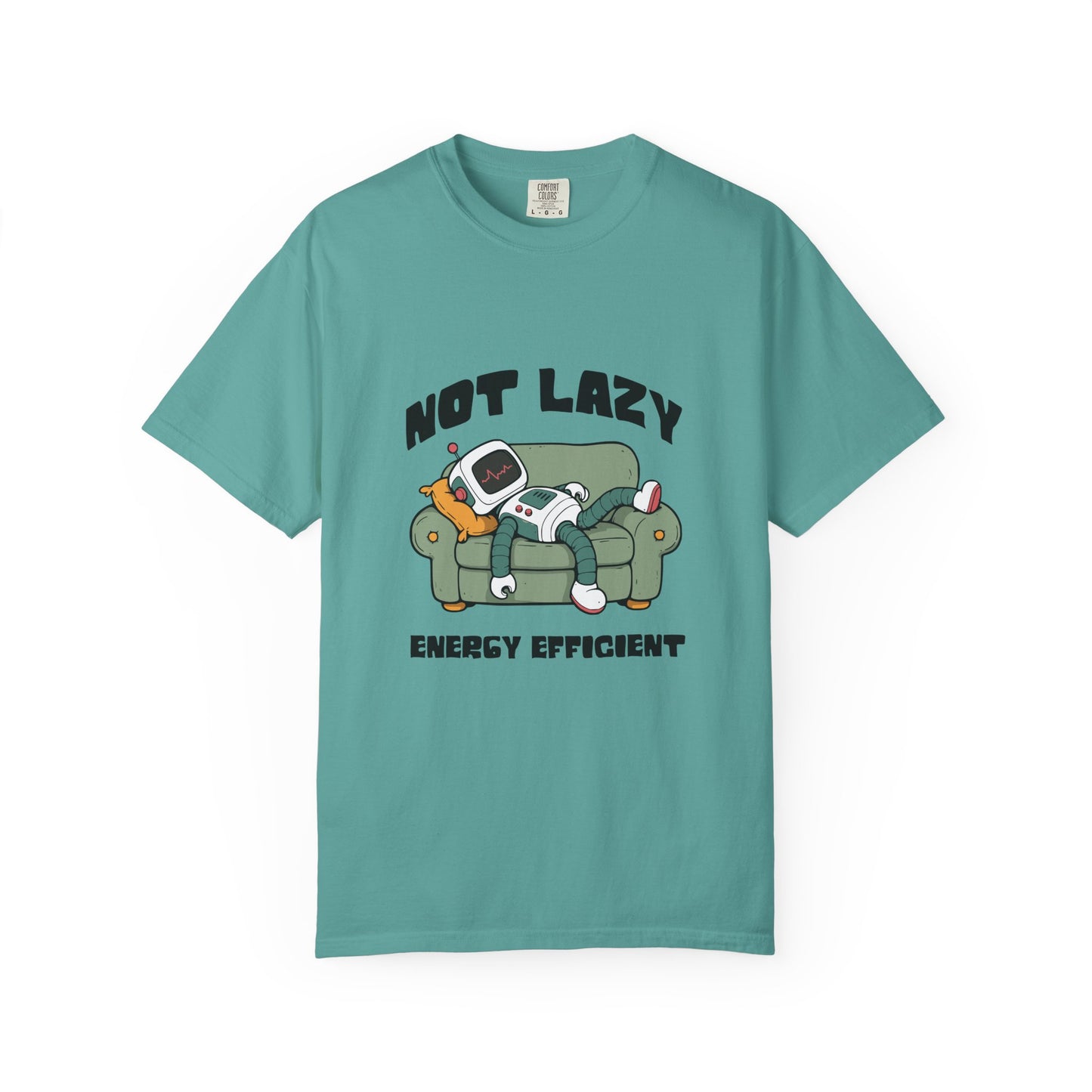 A teal short-sleeve t-shirt with a cartoon graphic of a person lounging on a couch with a retro TV, accompanied by the text 'NOT LAZY ENERGY EFFICIENT'.
