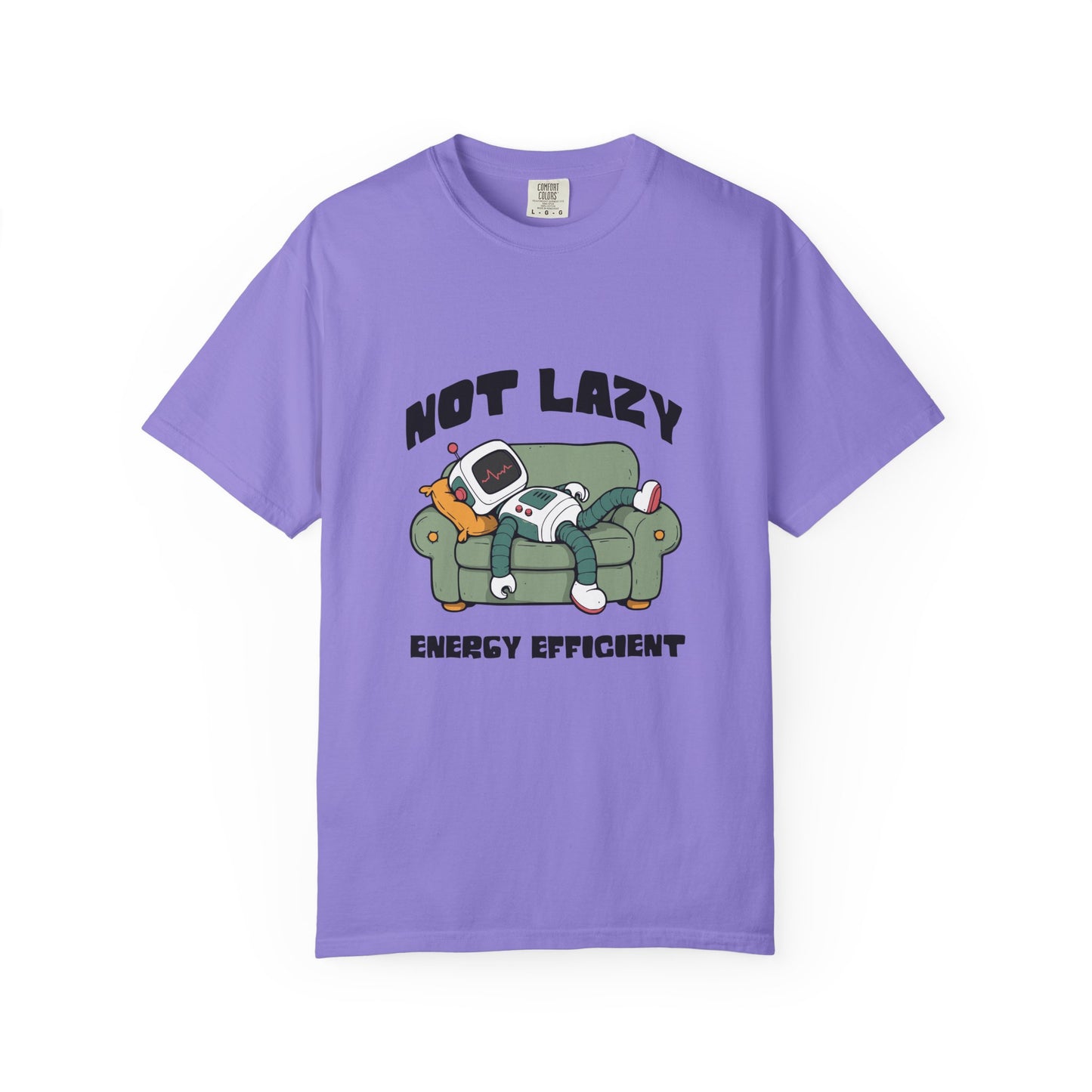 A purple short-sleeve crewneck t-shirt featuring a cartoon graphic of a robot sleeping on a green couch with the text 'NOT LAZY ENERGY EFFICIENT' printed on the front.