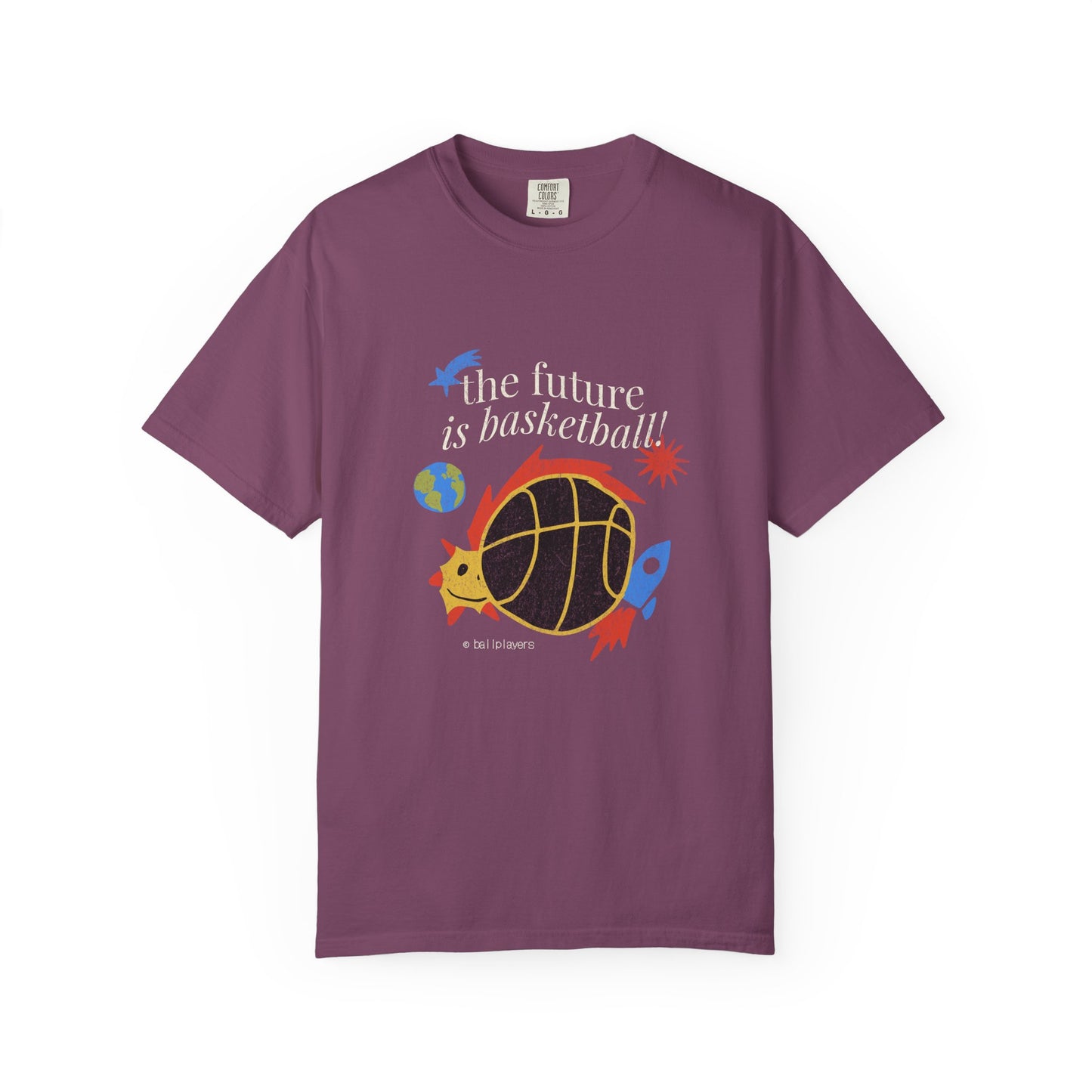 A purple short-sleeve crewneck t-shirt featuring a colorful graphic of a basketball turtle with the text 'the future is basketball!' on the front, displayed against a plain white background. Futuristic Basketball Graphic Tee for Effortless Style