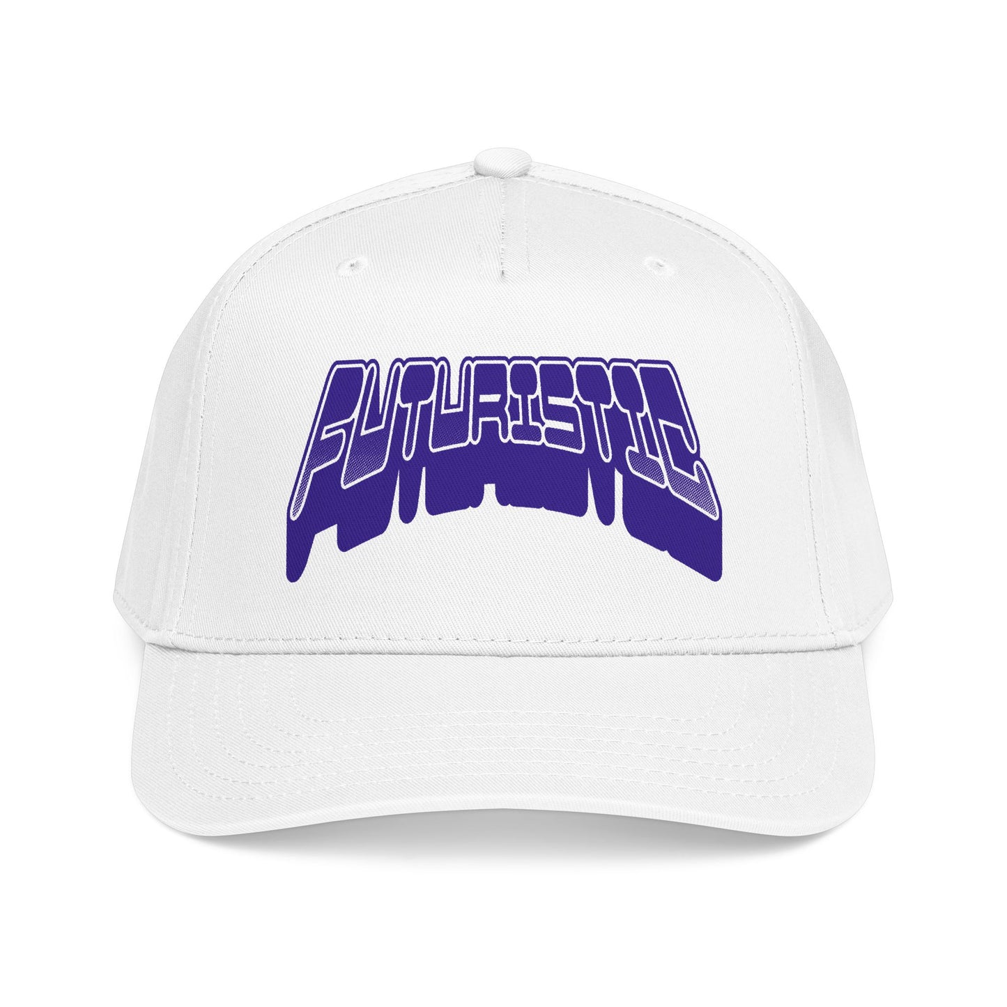 A white structured baseball cap featuring a stylized purple and white 'FUTURISTIC' graphic on the front, set against a plain white background. Futuristic Y2k Streetwear Typography Baseball Cap