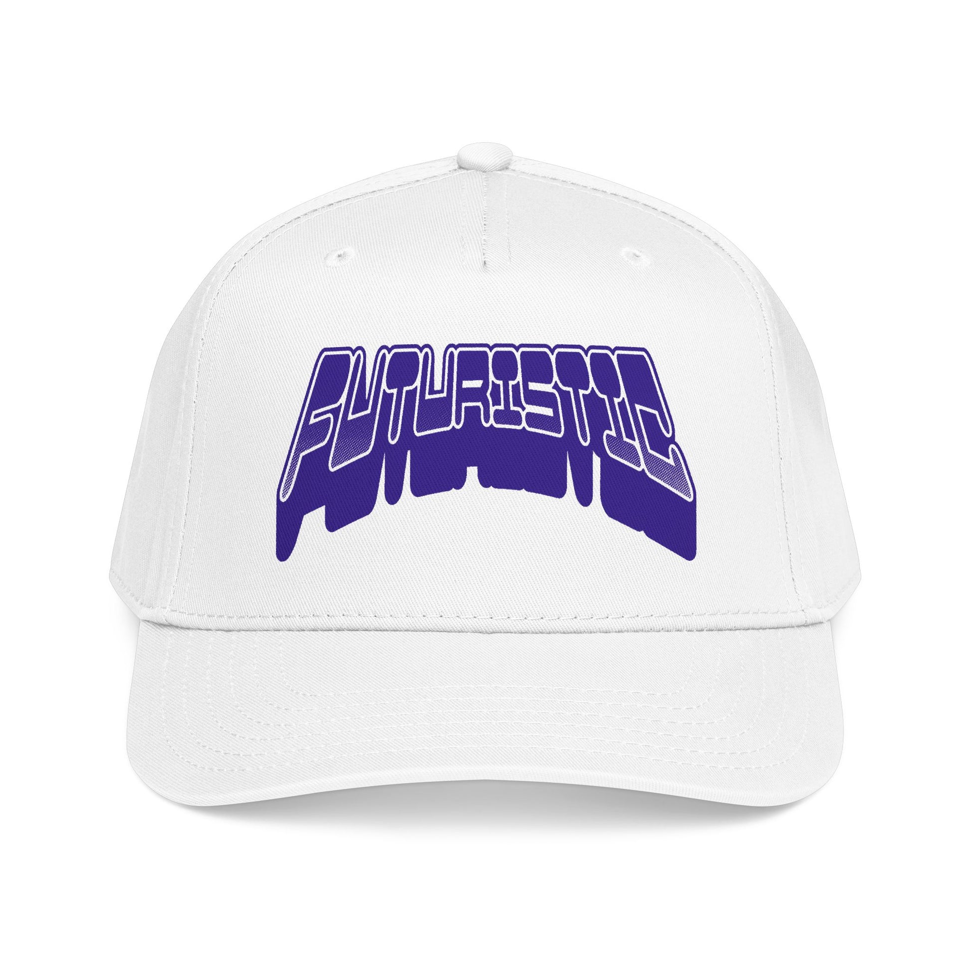 A white structured baseball cap featuring a stylized purple and white 'FUTURISTIC' graphic on the front, set against a plain white background. Futuristic Y2k Streetwear Typography Baseball Cap