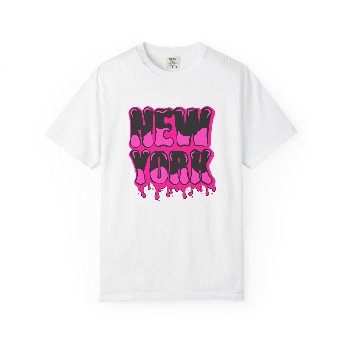 A white short-sleeve crewneck t-shirt featuring a vibrant pink and black dripping 'NEW YORK' graphic on the front, displayed against a clean white background. Graffiti Lettering New York Typography T-Shirt Casual Wear