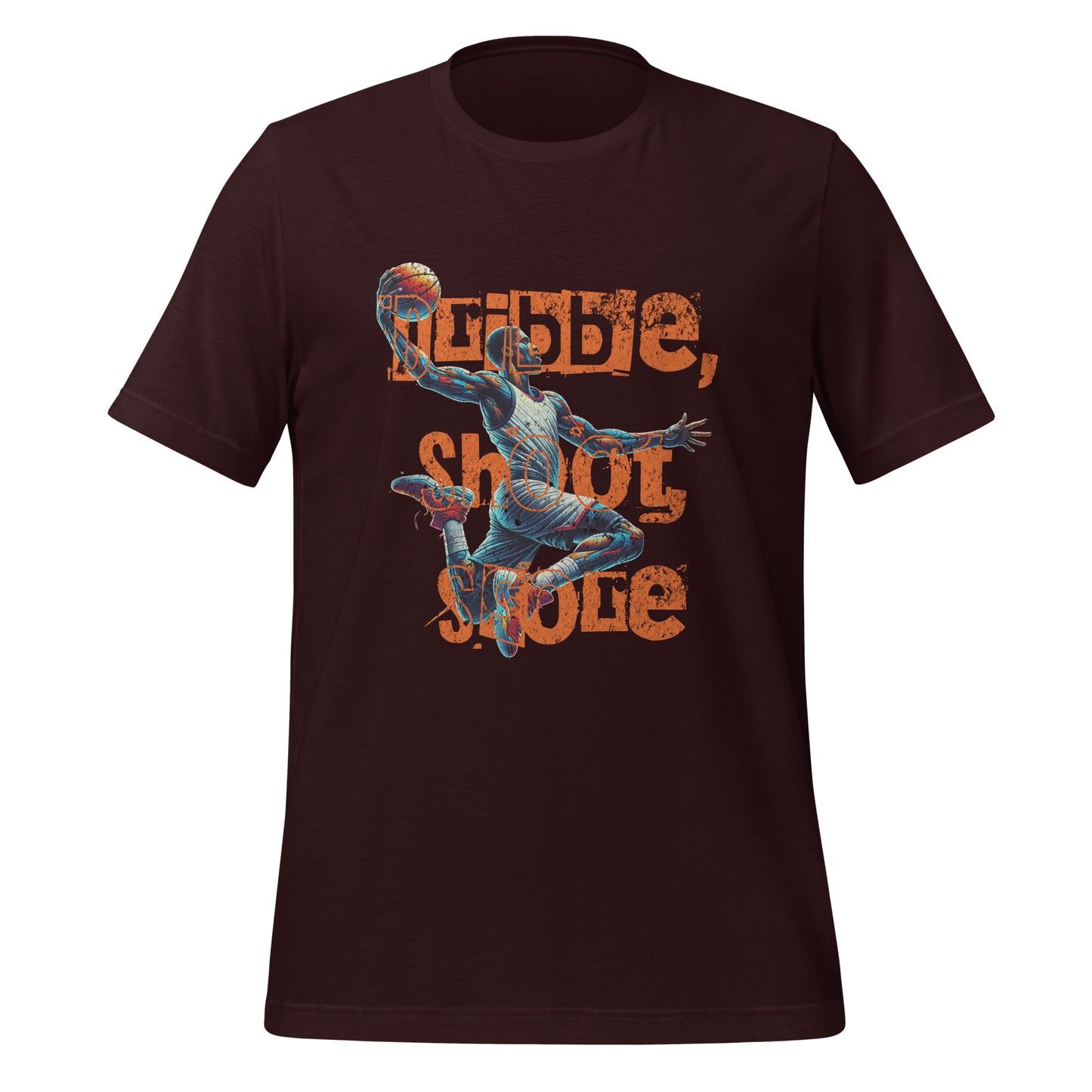 A dark maroon short-sleeve t-shirt with a graphic print of a basketball player and the text 'REBELLIE, SHOOT STILE' in orange. Graphic Tee Celebrating the Love of Basketball