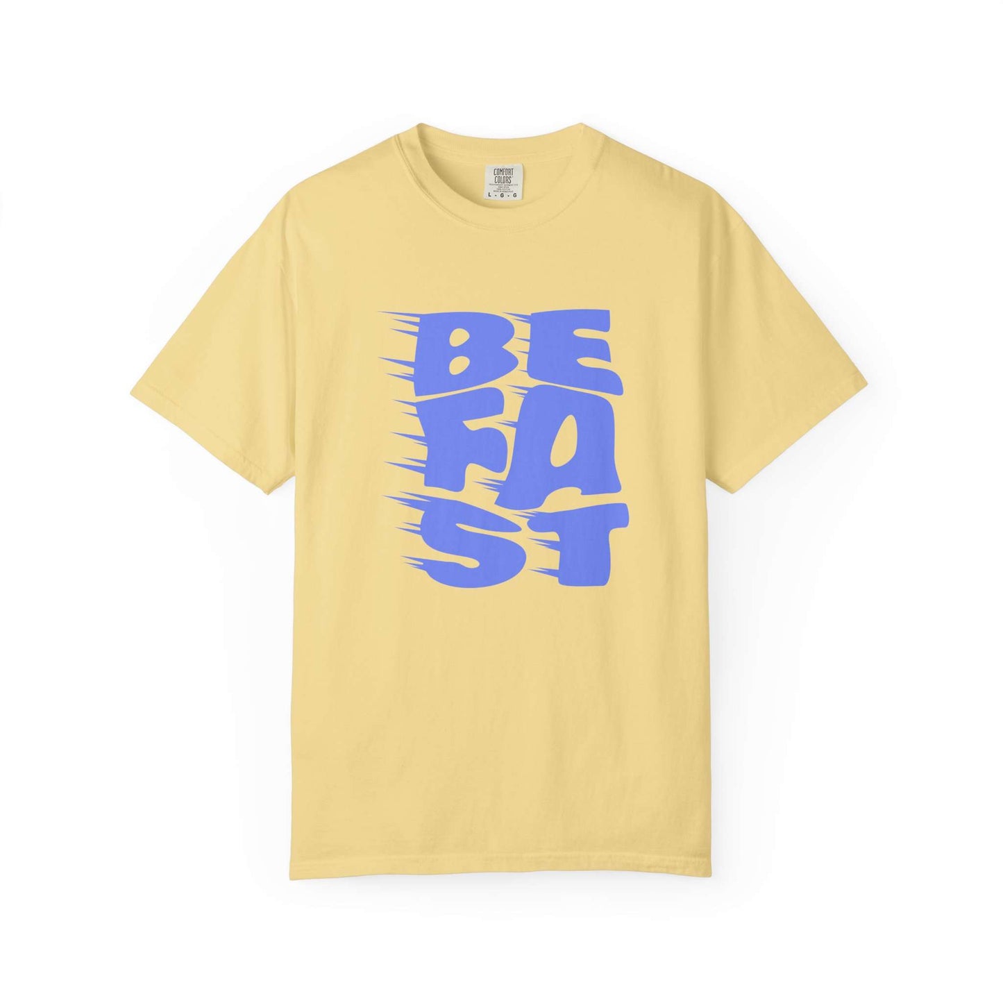 A pale yellow short-sleeve t-shirt with a bold blue graphic on the front reading 'BE FAST' in a stylized, motion-blurred font, displayed against a solid white background. Grunge Bold Be Fast Typography Lettering Graphic T-Shirt Casual Wear