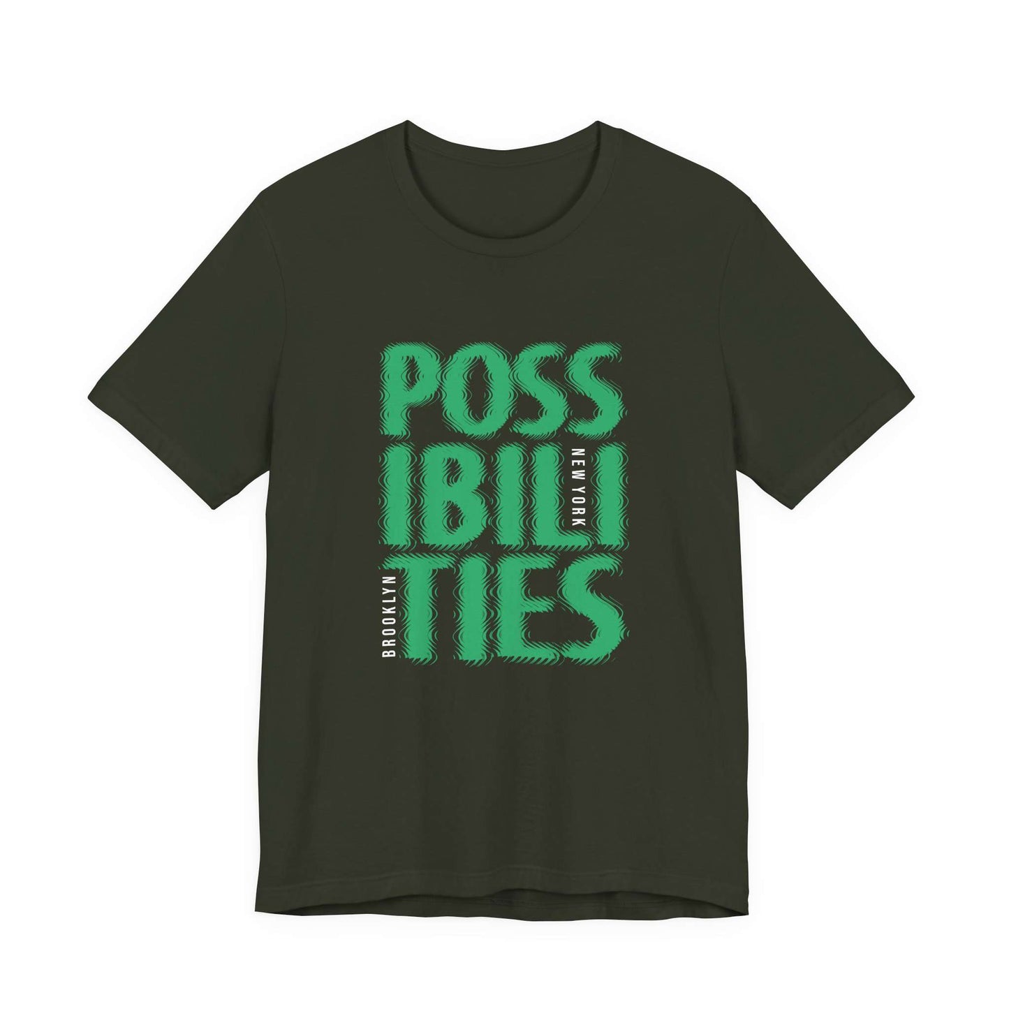 An olive green crewneck t-shirt featuring a large graphic print on the front that reads 'POSSIBILITIES' in a stylized green and white font. Grunge Bold Possibilities New York City Brooklyn T-Shirt Casual Wear