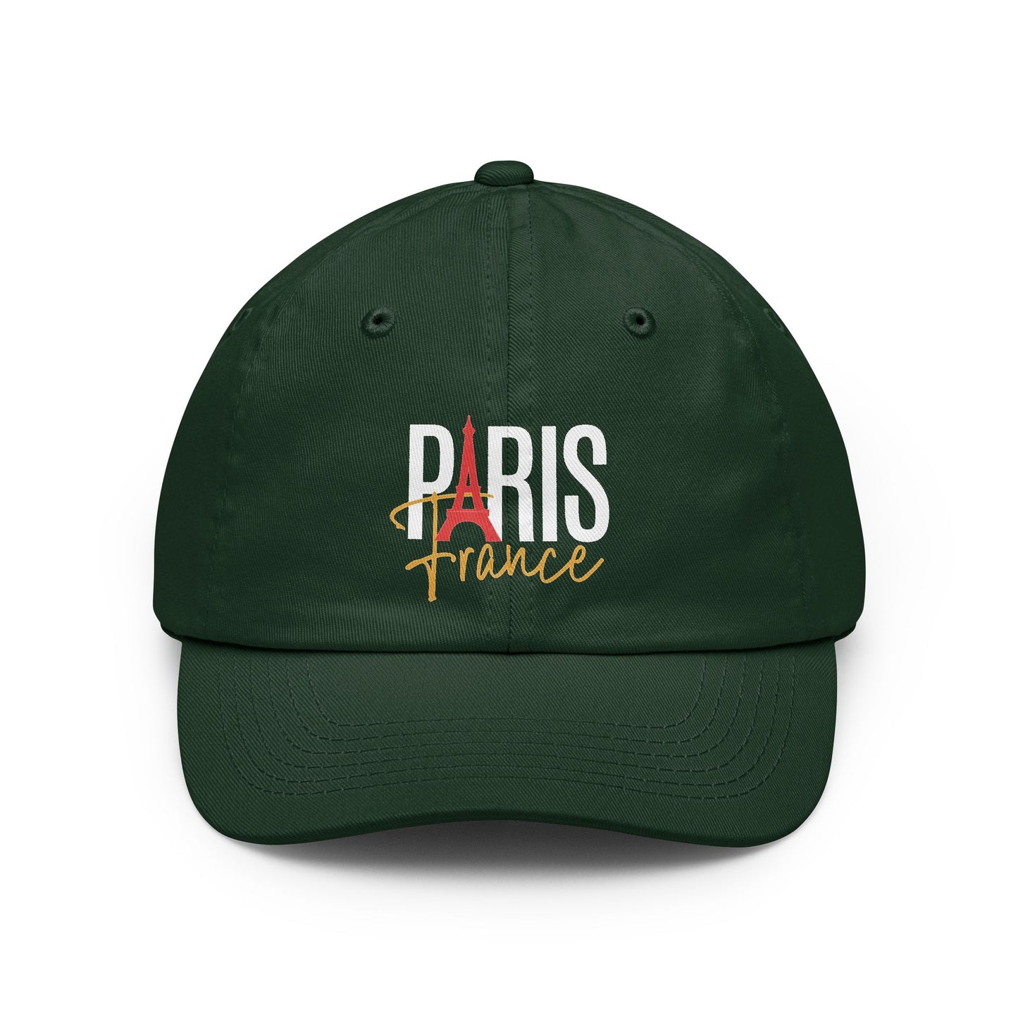 A dark green baseball cap featuring a 'PARIS France' graphic on the front. The graphic includes a red Eiffel Tower illustration, the word 'PARIS' in white block letters, and 'France' in gold cursive script. Grunge Paris France Typography Dad Hat for Casual Wear