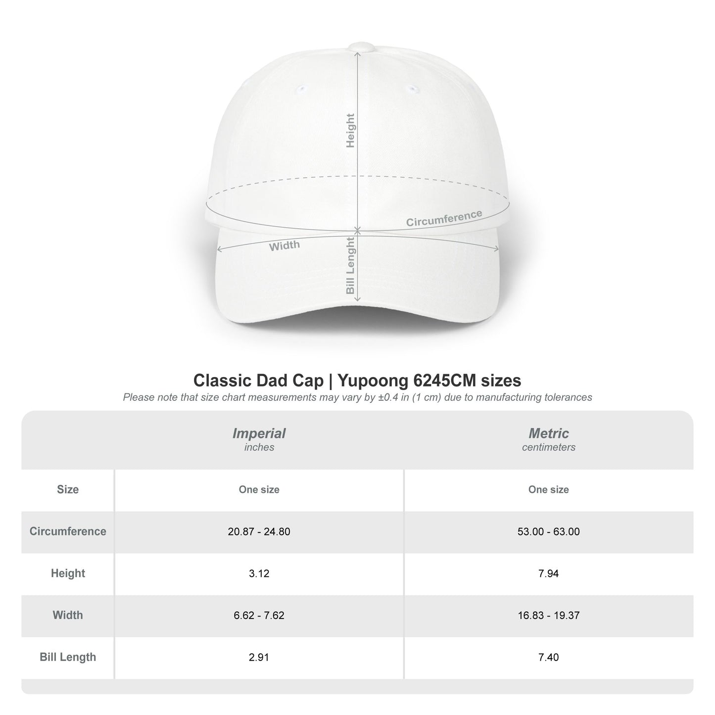 White cap with measurement chart on a white background High-Quality California Typography Embroidered Classic Dad Cap