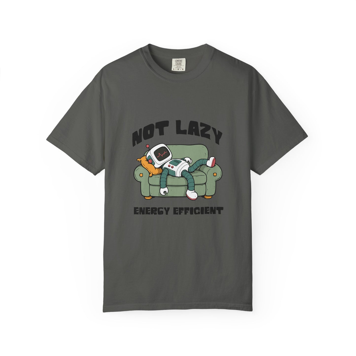 A dark gray crewneck t-shirt featuring a cartoon graphic of a cat lounging on a green couch with a retro television, with the text 'NOT LAZY ENERGY EFFICIENT' printed around the graphic.