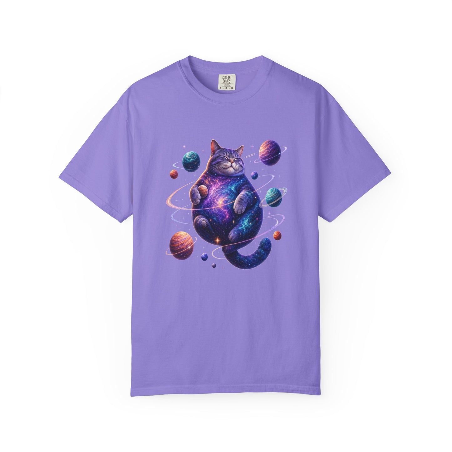 A purple short-sleeve crewneck t-shirt featuring a colorful graphic of a cosmic cat surrounded by planets, displayed on a clean white background. Intergalactic Celestial Feline: Space-Themed Cat T-Shirt for Casual Wear