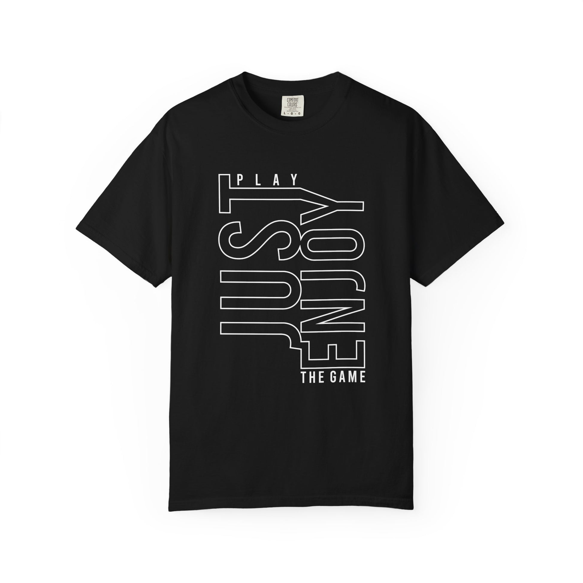 A black short-sleeve crewneck t-shirt with a white graphic print on the front reading 'PLAY ASURE' in a stylized font and 'THE GAME' below, displayed on a clean white background. Just Enjoy The Game Typography Lettering T-Shirt Casual Wear