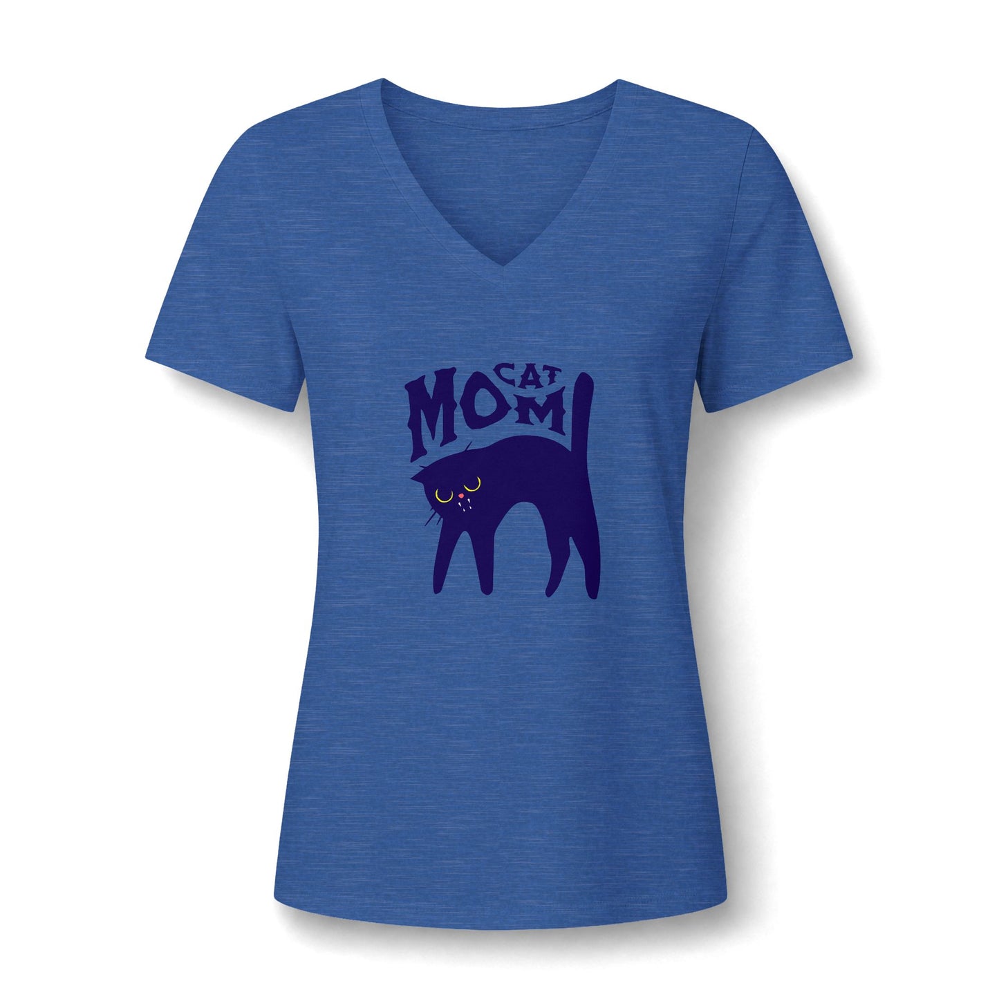 A heather blue short-sleeve V-neck t-shirt with a dark purple graphic of a cat and the words 'CAT MOM' on the front, displayed on a clean white background.