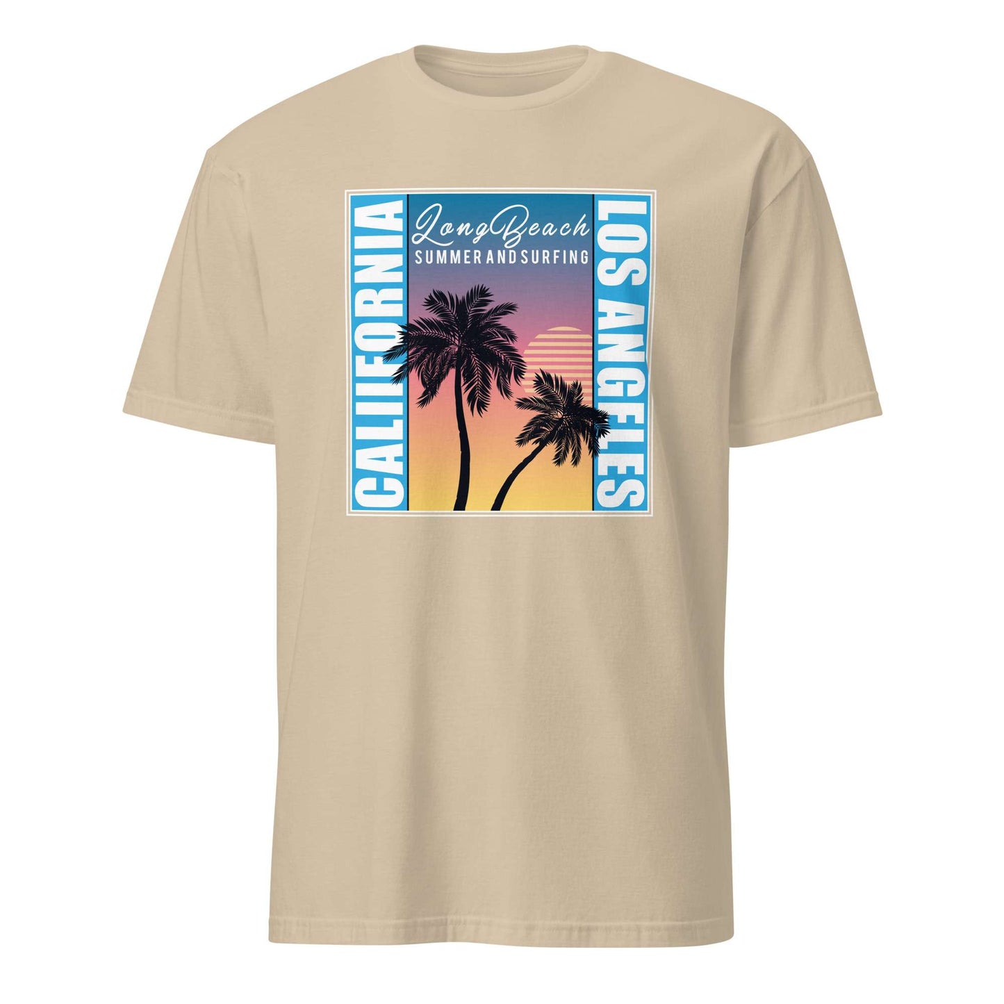 A beige crewneck t-shirt featuring a retro-style graphic print on the chest with palm trees, a sunset gradient, and vertical text reading 'CALIFORNIA' and 'LOS ANGELES' along with 'Long Beach Summer and Surfing'. Los Angeles California Casual Tee with Palm Tree Scene