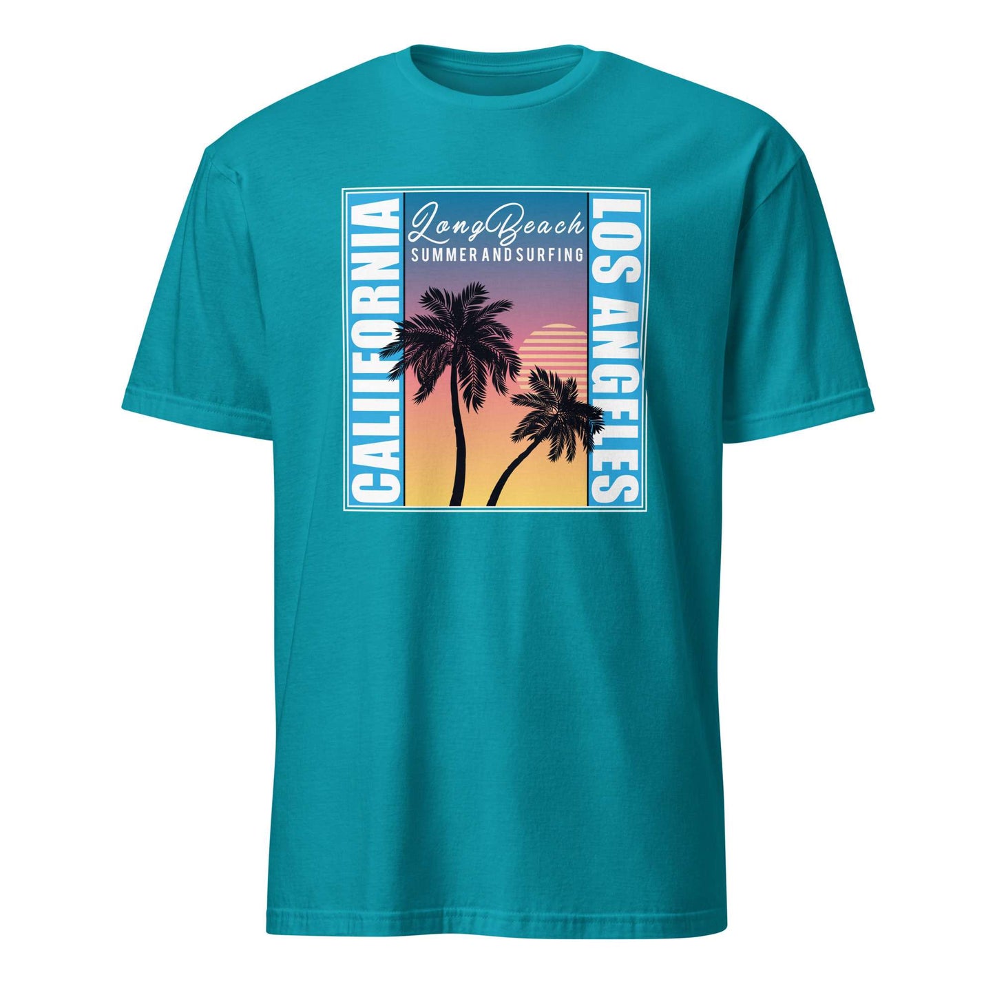 A teal short-sleeve crewneck t-shirt featuring a retro-style graphic print on the front. The graphic displays a sunset scene with two palm trees, bordered by vertical text reading 'CALIFORNIA' and 'LOS ANGELES' on the left and right sides, with 'Long Beach' and 'SUMMER AND SURFING' written at the top. Los Angeles California Palm Trees Sunset Tee