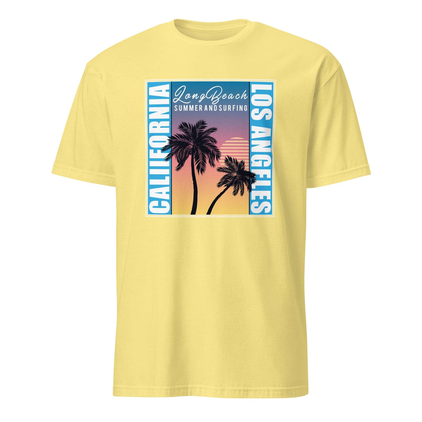 A pale yellow short-sleeve crewneck t-shirt featuring a rectangular graphic print on the chest with the text 'Long Beach Summer and Surfing' and 'Los Angeles' in blue vertical panels, flanking two black palm tree silhouettes against a sunset gradient. Los Angeles California Sunset Graphic Casual Shirt