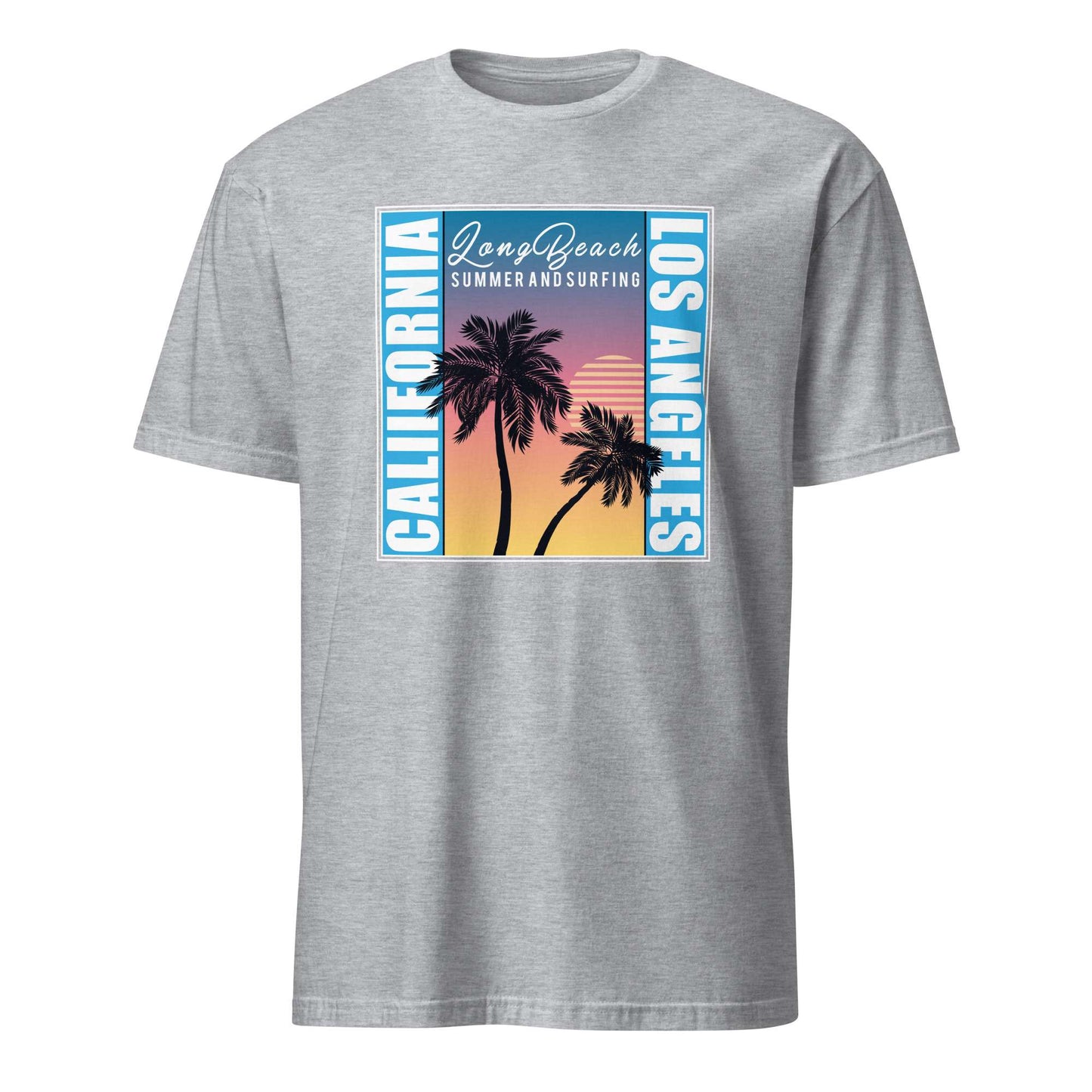 A heather gray short-sleeve t-shirt with a retro-style graphic print on the chest. The graphic features a sunset scene with two palm trees, the text 'Long Beach SUMMER AND SURFING' at the top, 'CALIFORNIA' on the left, and 'LOS ANGELES' on the right. Los Angeles Sunset Palm Tree Graphic T-Shirt
