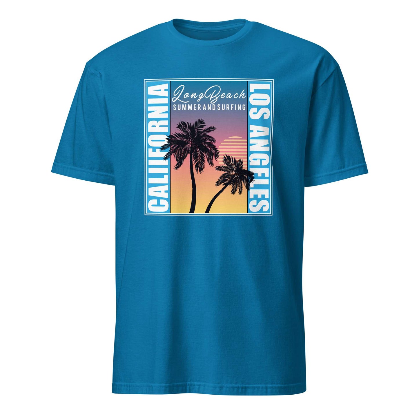 A blue short-sleeve crewneck t-shirt featuring a retro-style graphic print on the front with palm trees, a sunset gradient, and the text 'Long Beach Summer and Surfing' and 'Los Angeles'. Los Angeles Sunset Palm Trees Graphic T-Shirt