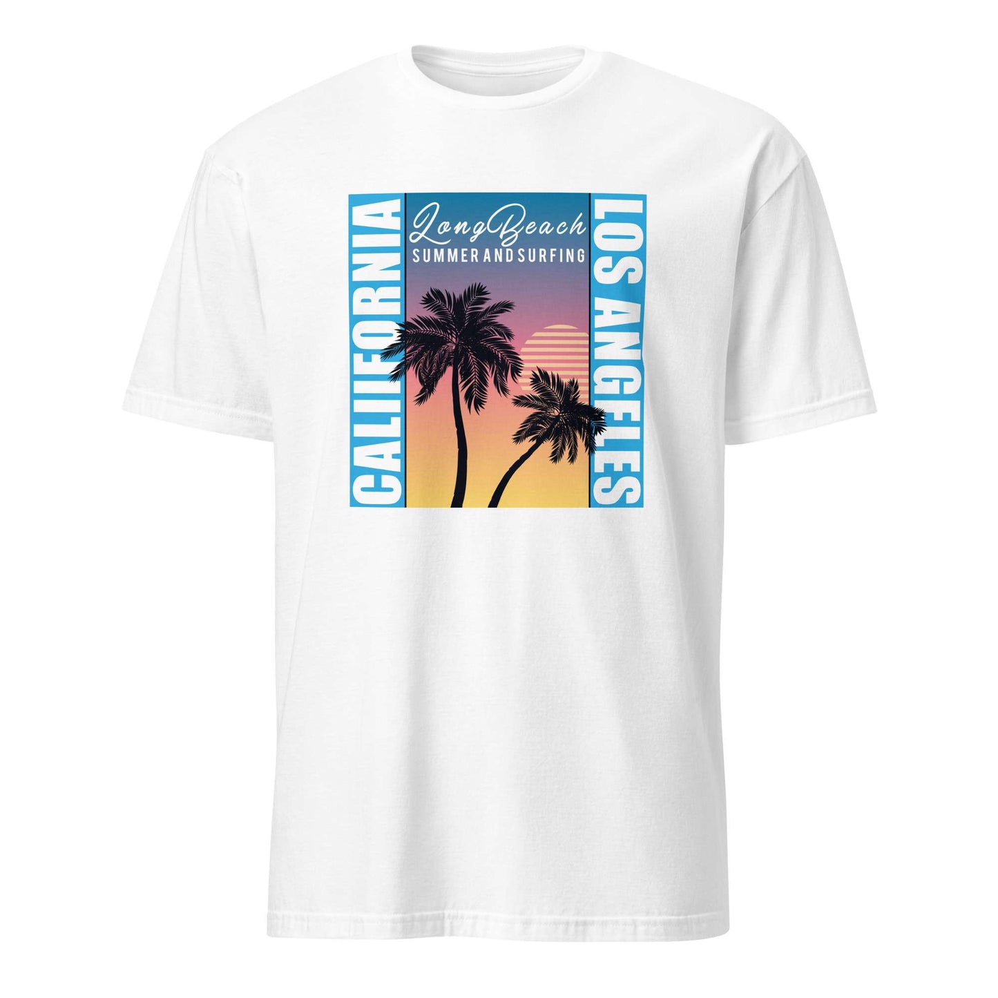 A white short-sleeve crewneck t-shirt featuring a colorful graphic print on the front. The graphic displays a sunset scene with two palm tree silhouettes, the words 'Long Beach' and 'Los Angeles' in blue vertical text, and 'California Summer and Surfing' written in white script at the top. Los Angeles Sunset Palm Trees Graphic T-Shirt Casual Wear